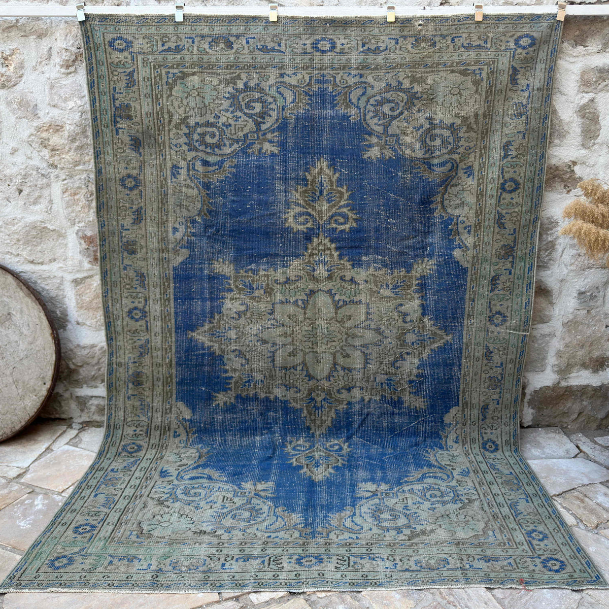 Blue 7' x 10' vintage medallion rug with medallion design, handmade in Turkey – Issa.