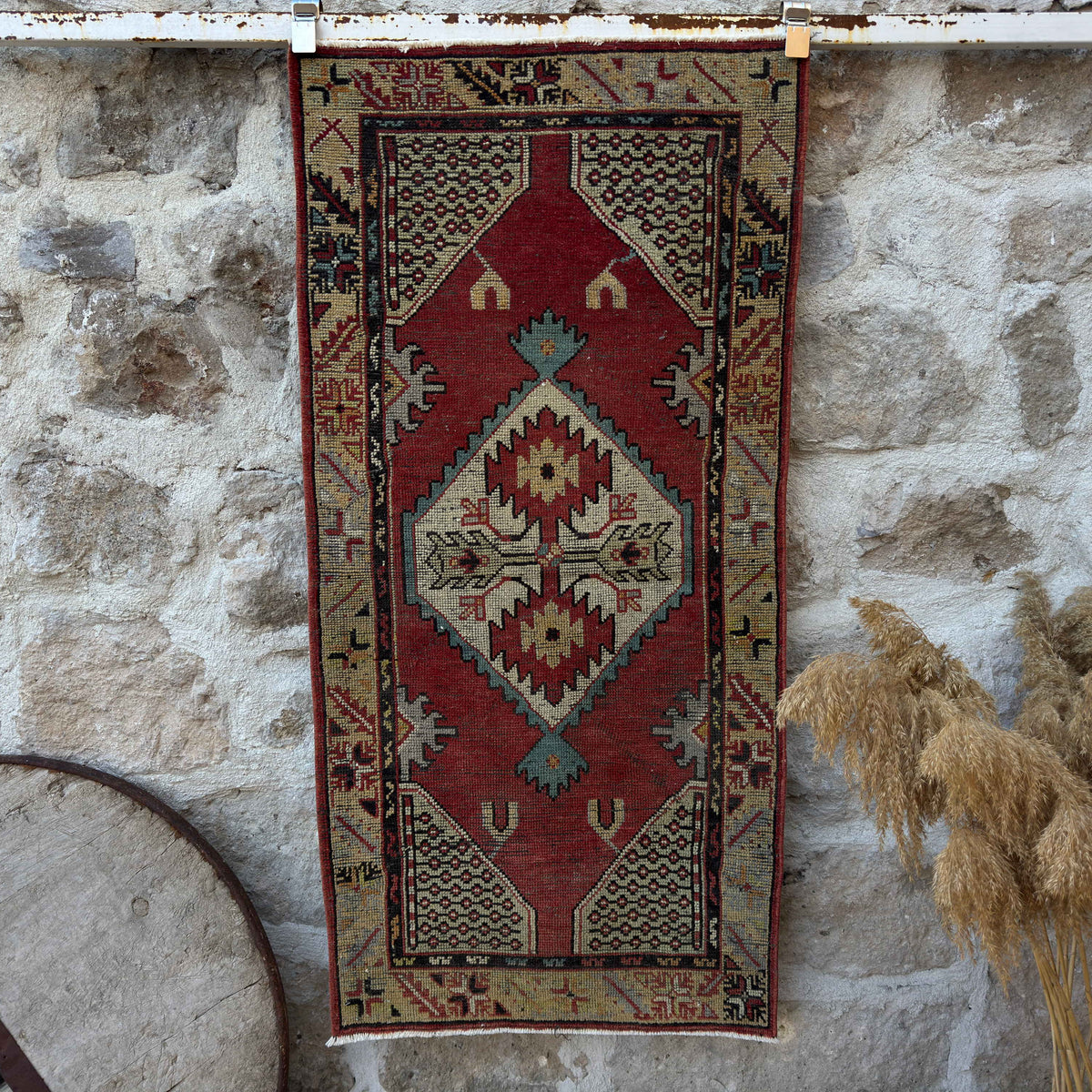 Red 2' x 5' vintage medium size rug with medallion design, handmade in Turkey – Carver.