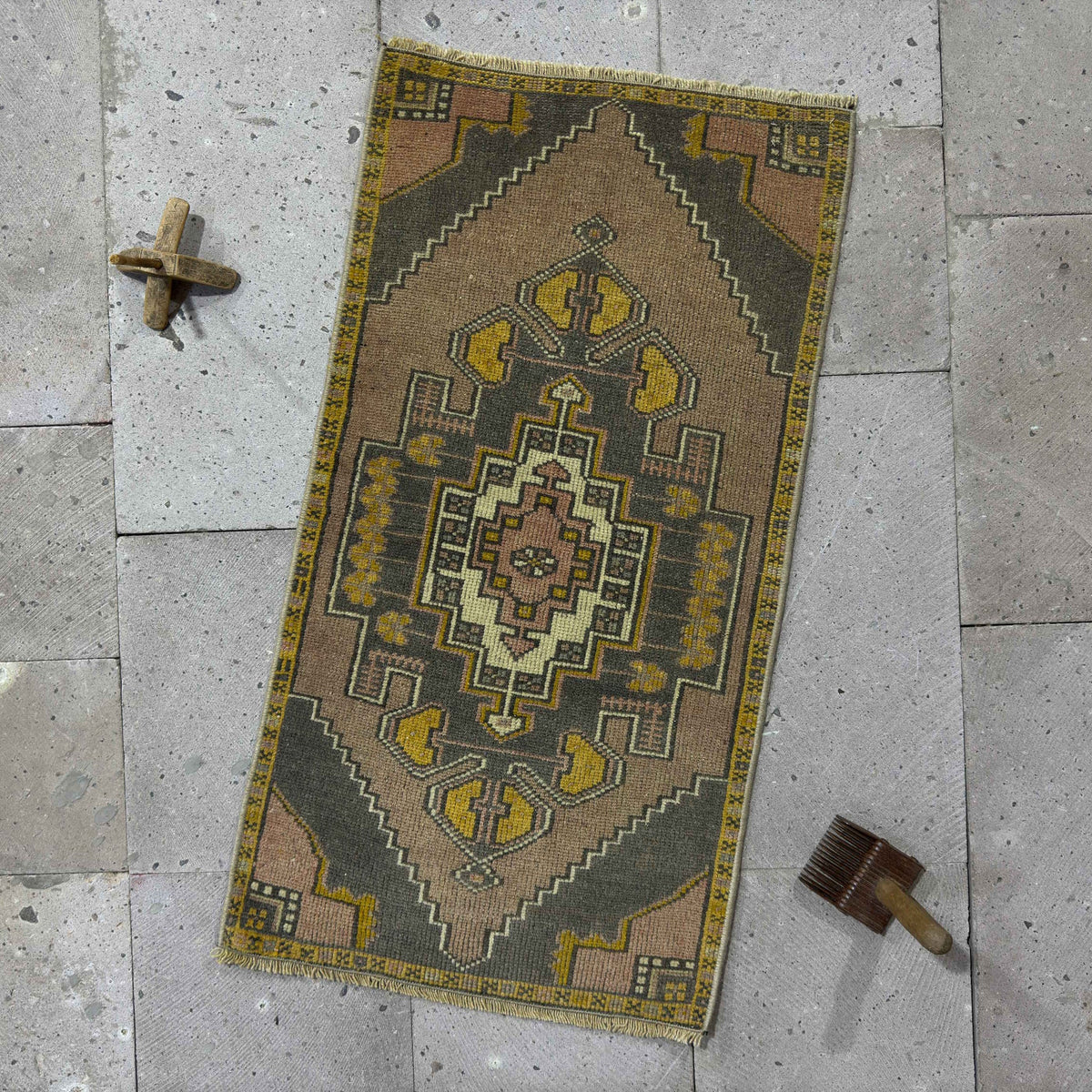 Yellow 2' x 3' vintage mini rug with traditional design, handmade in Turkey – Brenna.