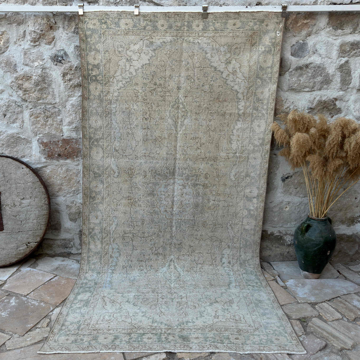 Beige 5' x 10' vintage muted rug with neutral design, handmade in Turkey – Peter.