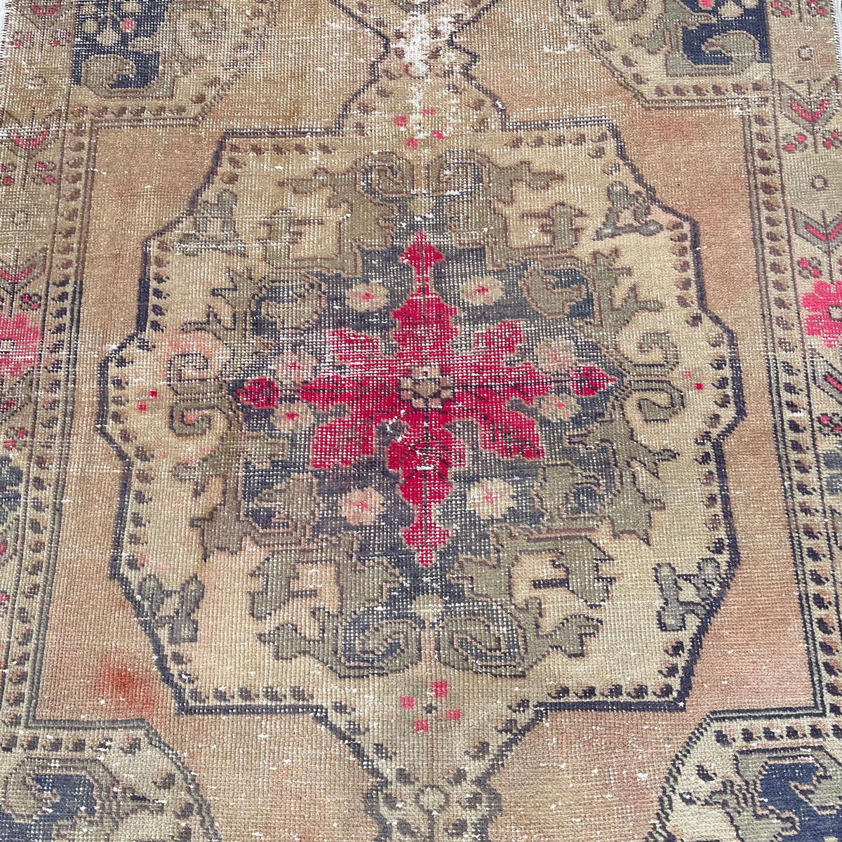 1970s blue vintage Turkish oriental rug with traditional design, hand-knotted weave and low pile.