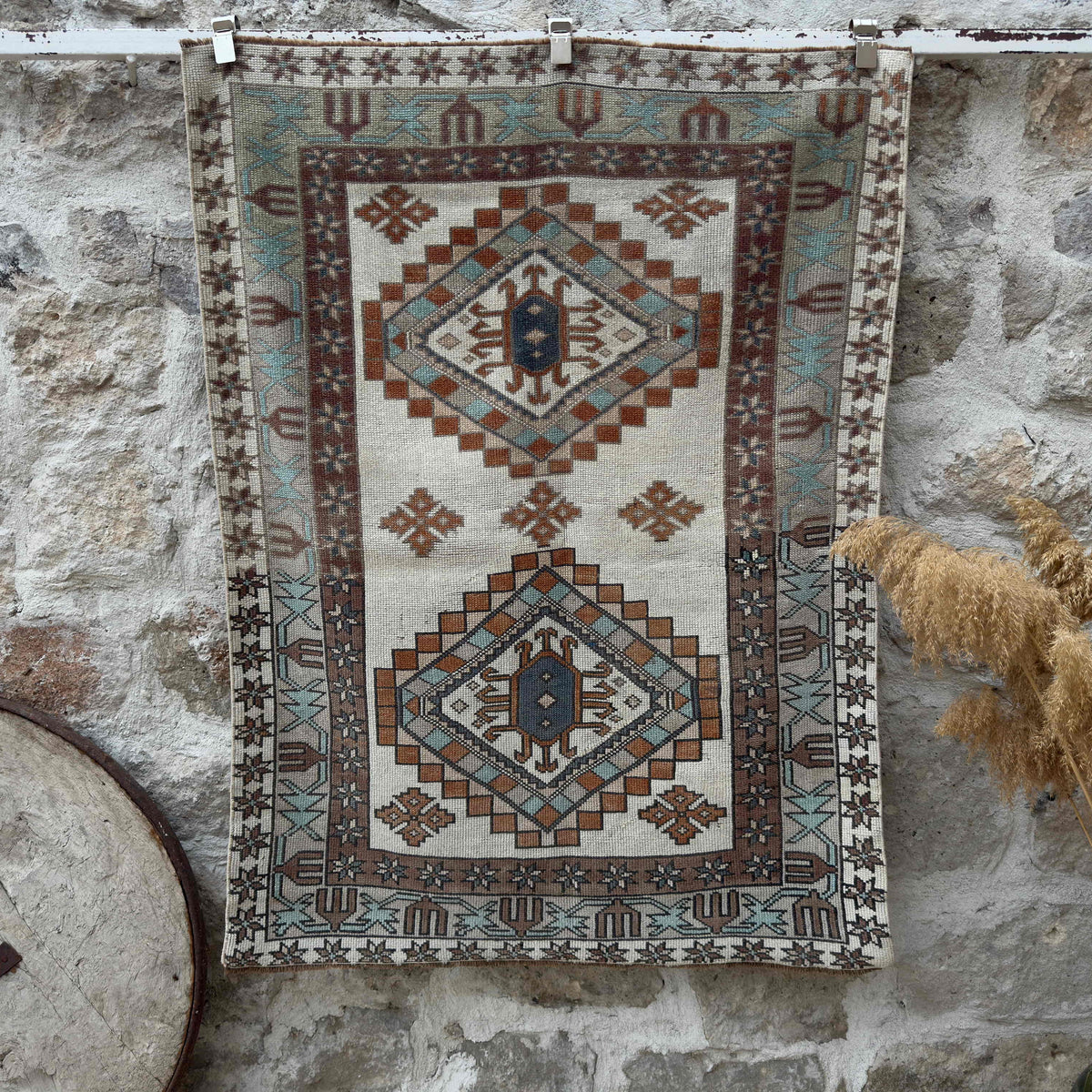 Brown 4' x 5' vintage oushak rug with medallion design, handmade in Turkey – Ciara.