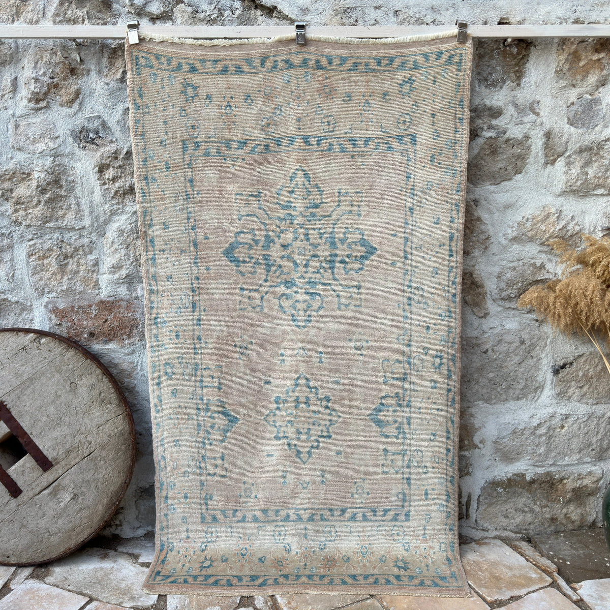 Pink 4' x 7' vintage oushak rug with neutral design, handmade in Turkey – Holmes.