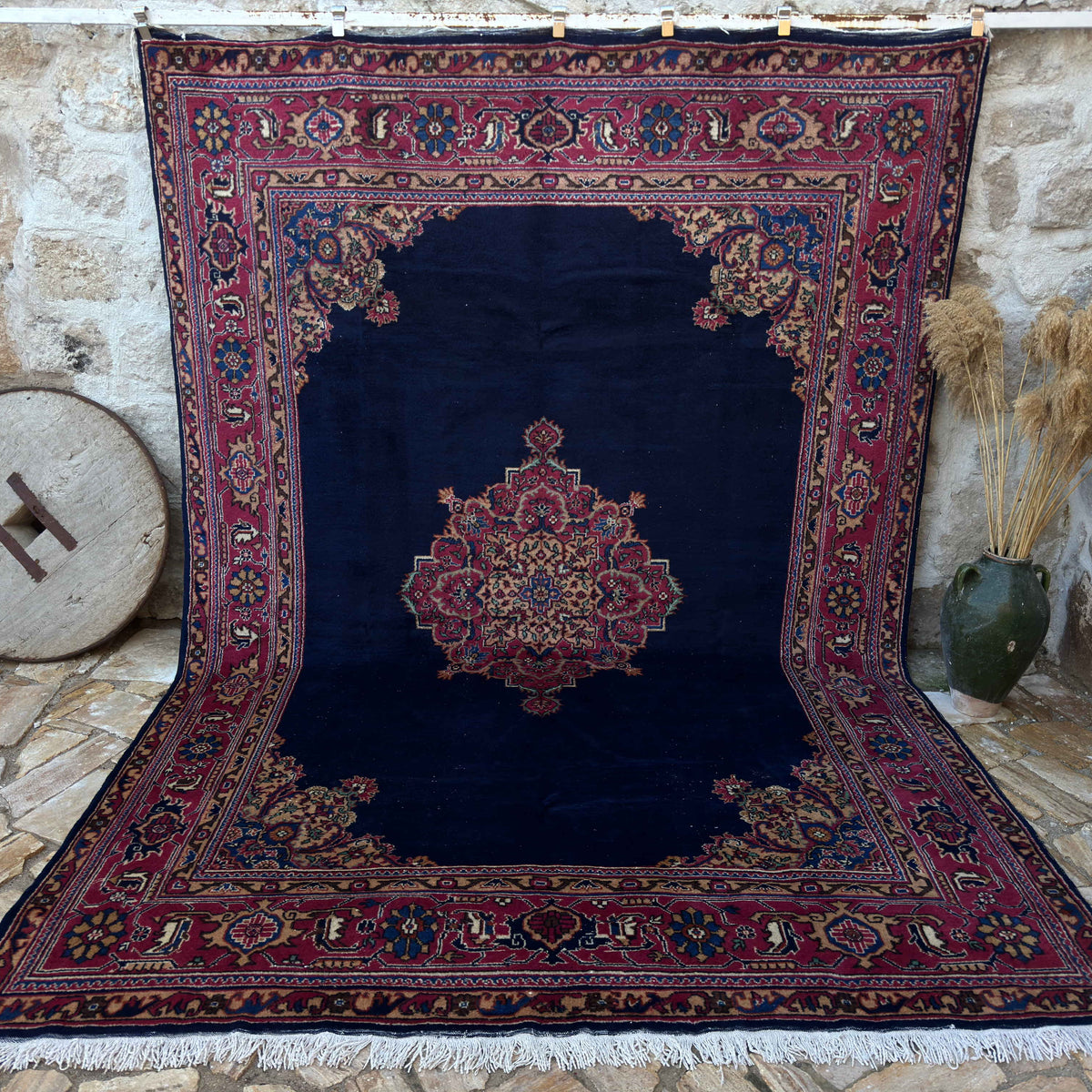 Blue 8' x 12' vintage oushak rug with medallion design, handmade in Turkey – Lula.