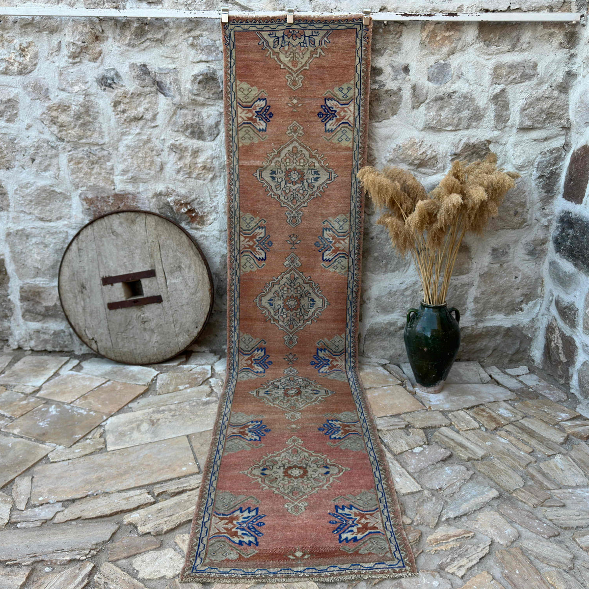 Pale Red 3' x 12' vintage oushak runner rug with oushak design, handmade in Turkey – Leandro.