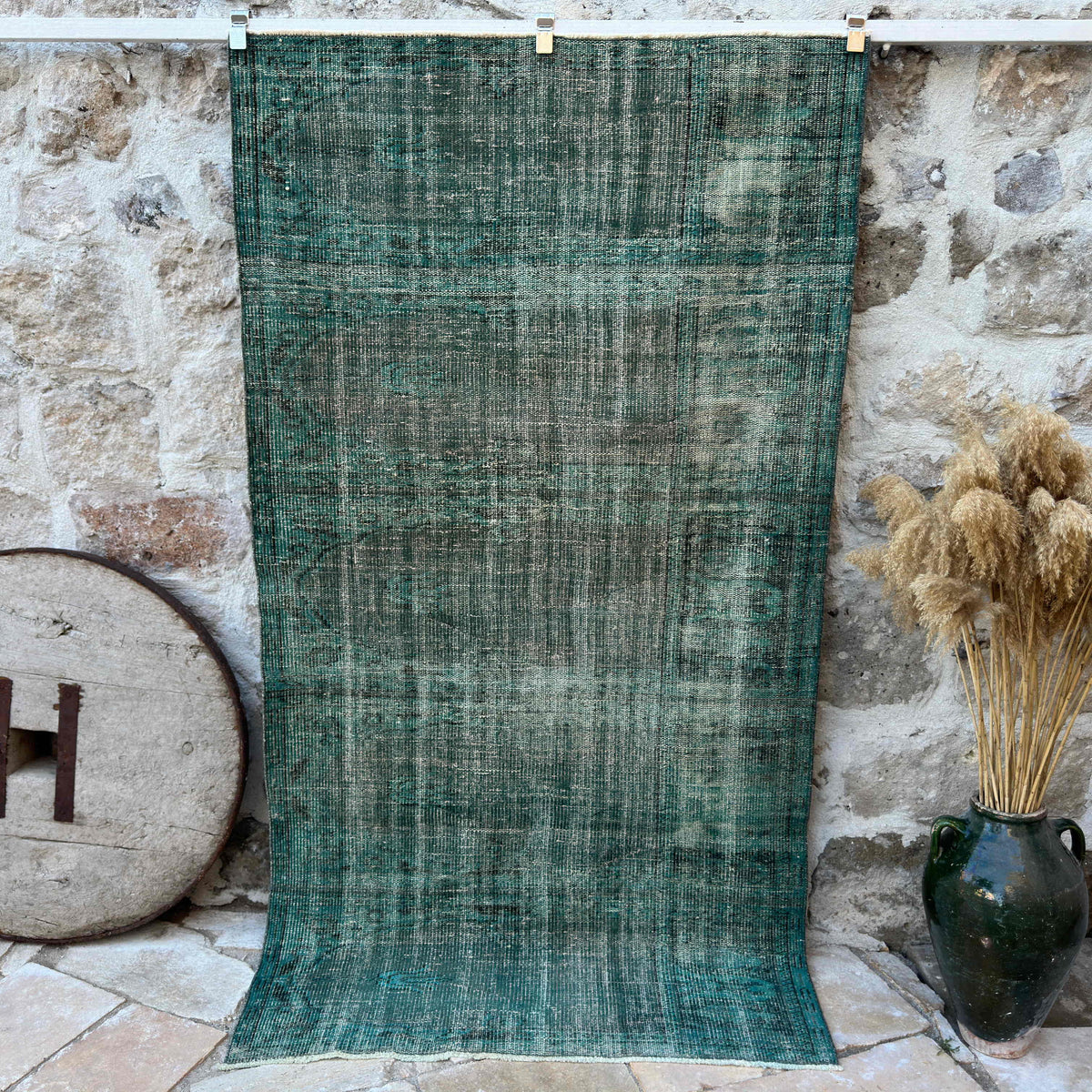 Blue 4' x 7' vintage overdyed rug with overdyed design, handmade in Turkey – Hanna.