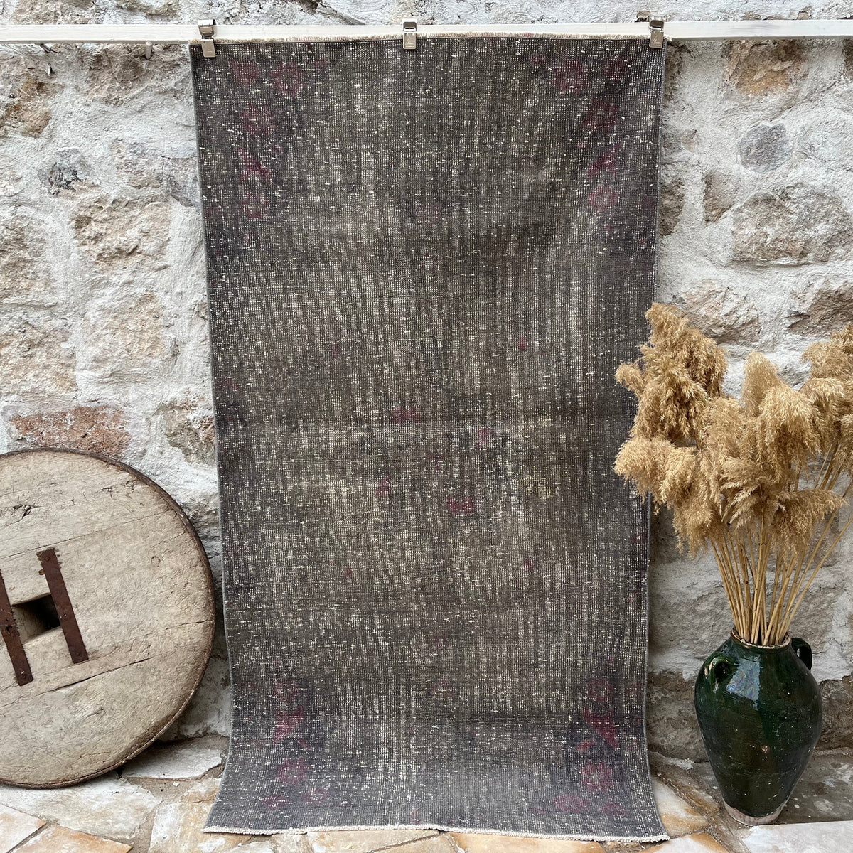 Gray 4' x 7' vintage overdyed rug with overdyed design, handmade in Turkey – Declan.