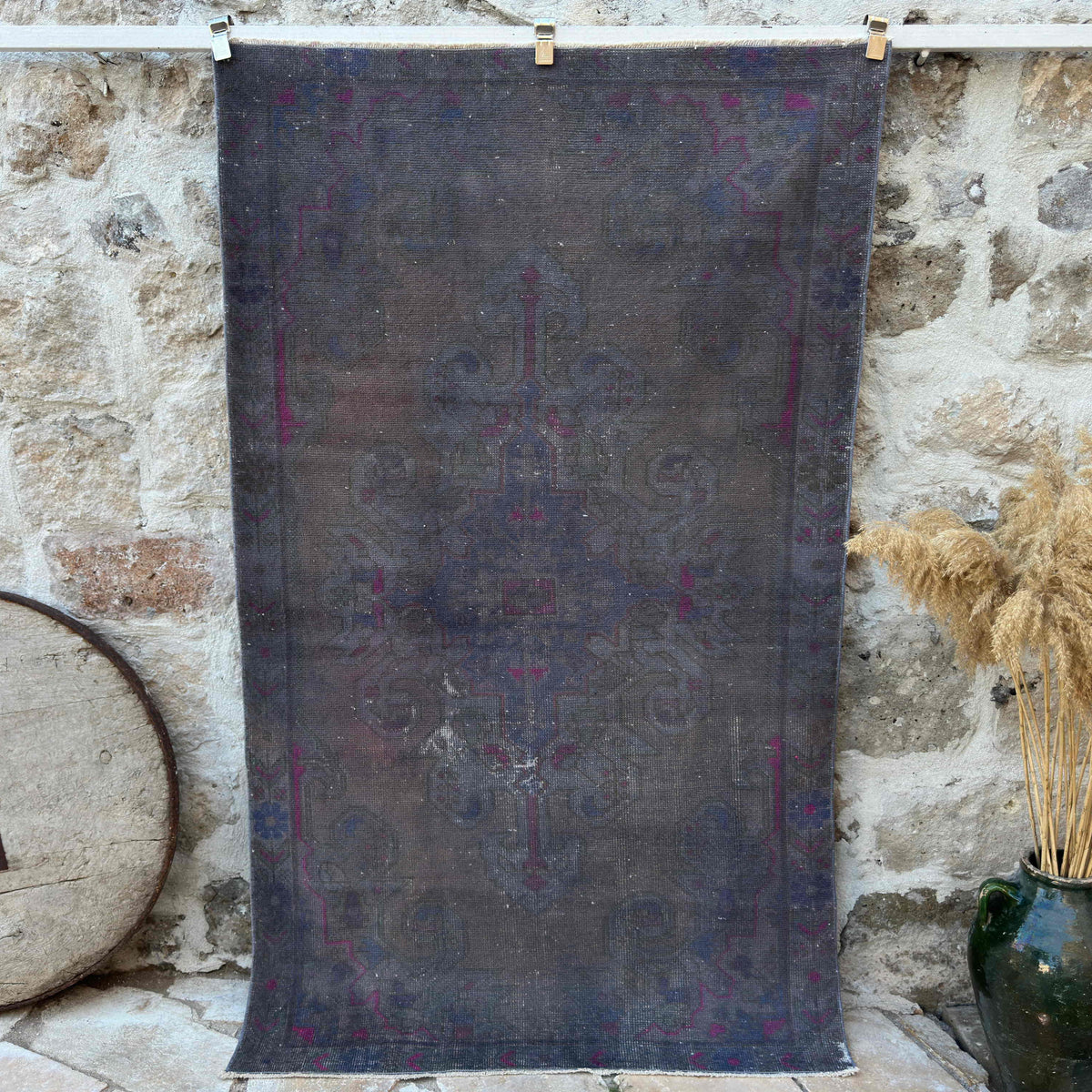 Grey 4' x 7' vintage overdyed rug with overdyed design, handmade in Turkey – Fisher.