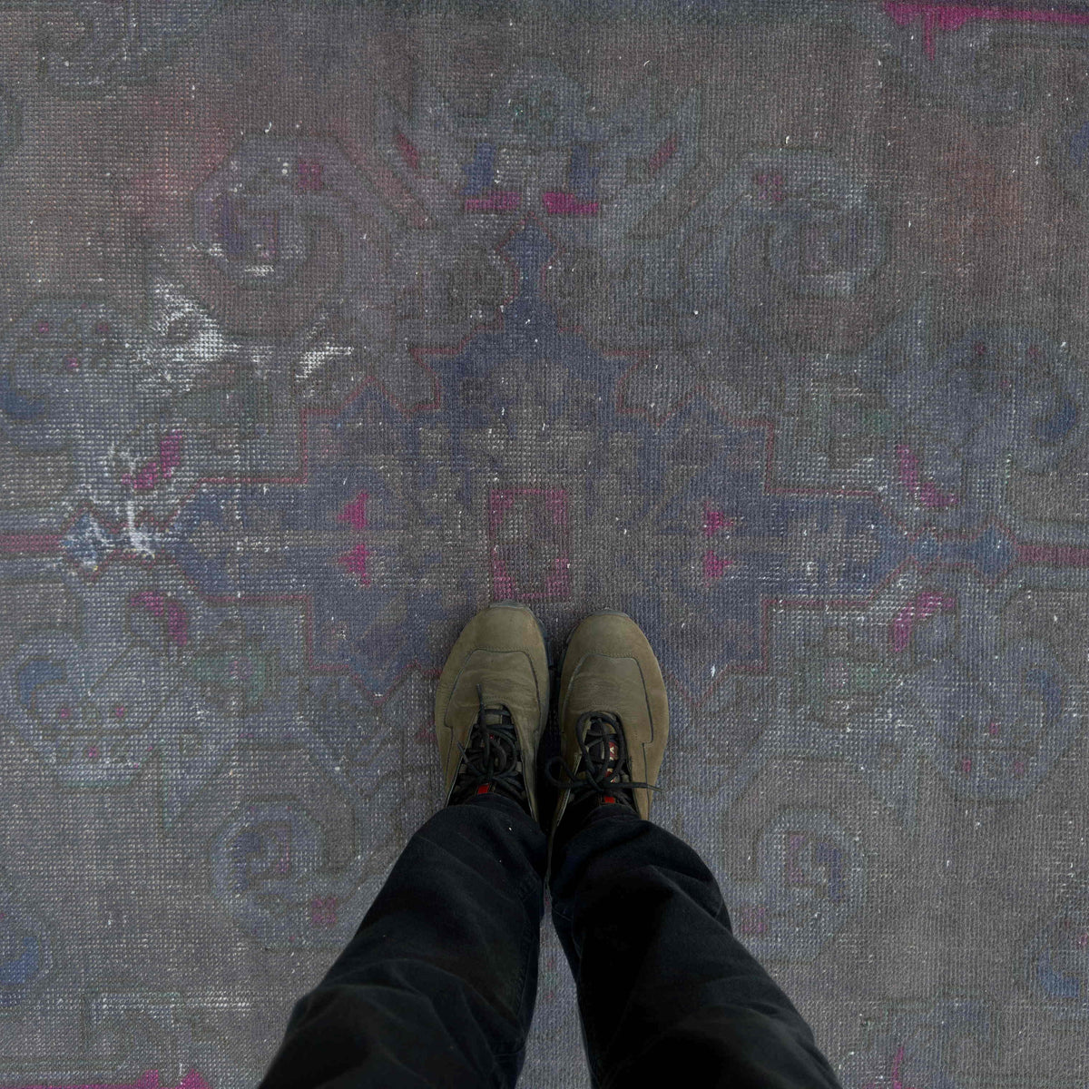 1970s grey vintage Turkish overdyed rug with overdyed design, hand-knotted weave and low pile.