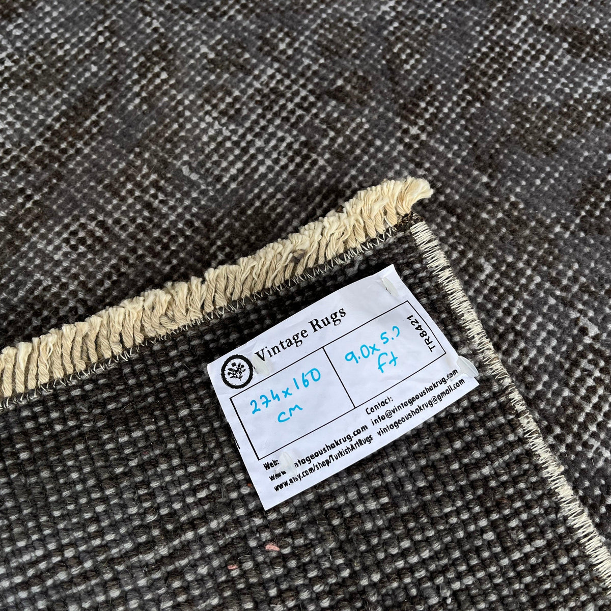 1970s gray vintage Turkish overdyed rug with overdyed design, hand-knotted weave and low pile.