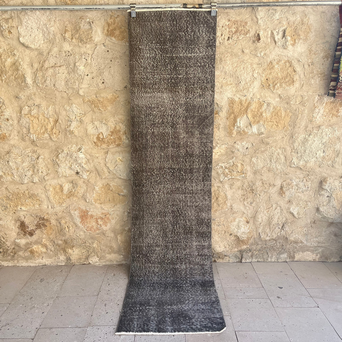 Gray 2' x 9' vintage overdyed runner rug with overdyed design, handmade in Turkey – Mila.