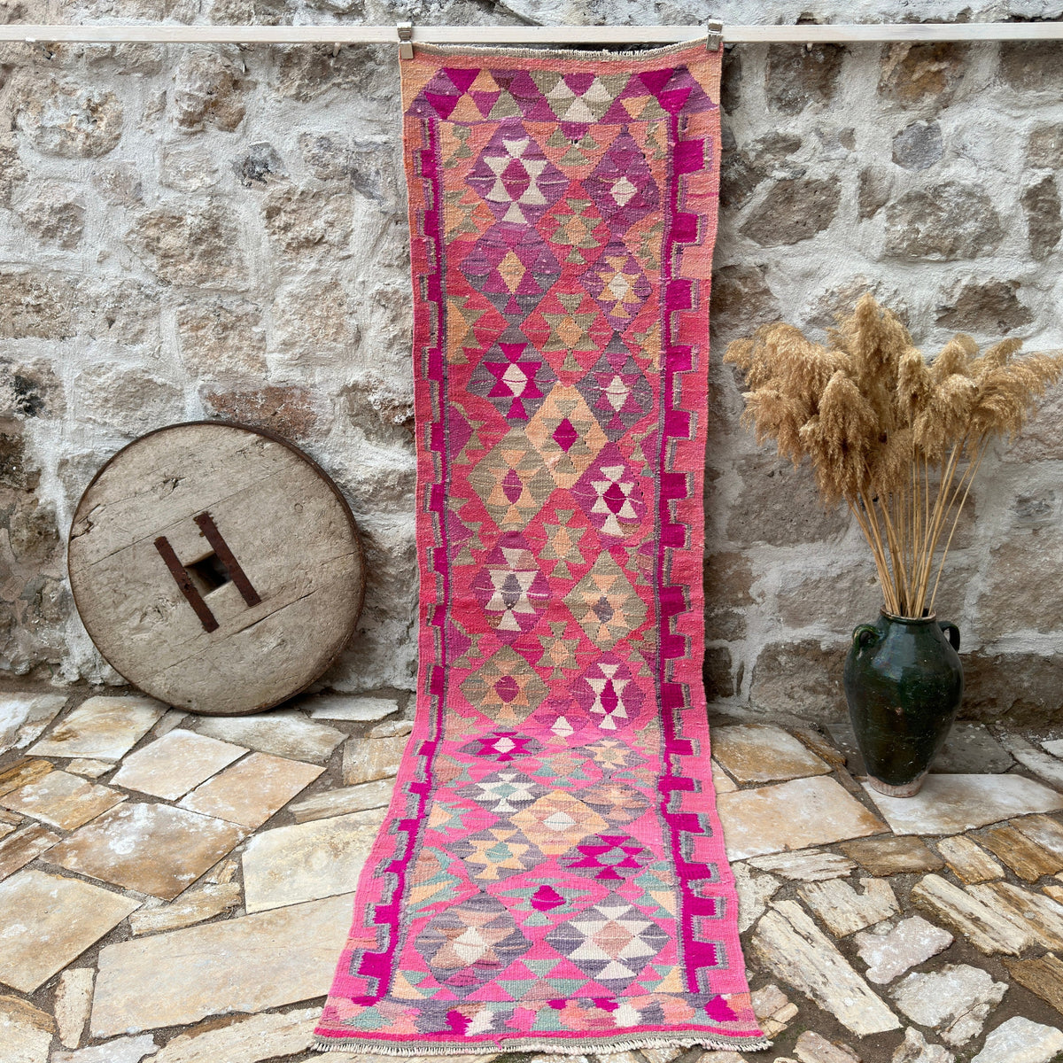 Pink 3' x 10' vintage persian runner rug with medallion design, handmade in Persian – Chet.
