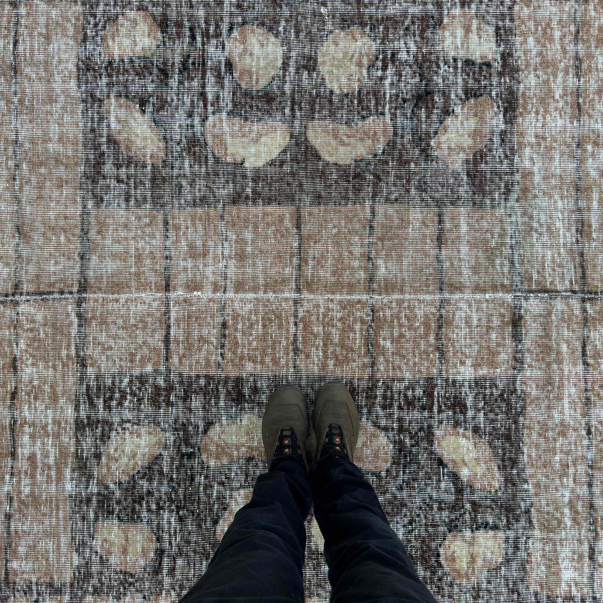 1970s brown vintage Turkish persian style rug with geometric design, hand-knotted weave and low pile.