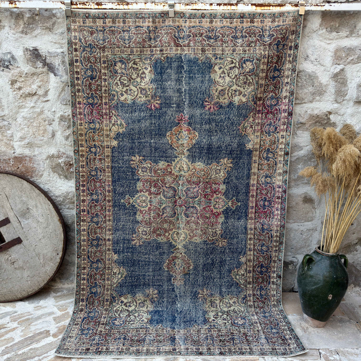 Blue 5' x 8' vintage rug with medallion design, handmade in Turkey – Grazia.
