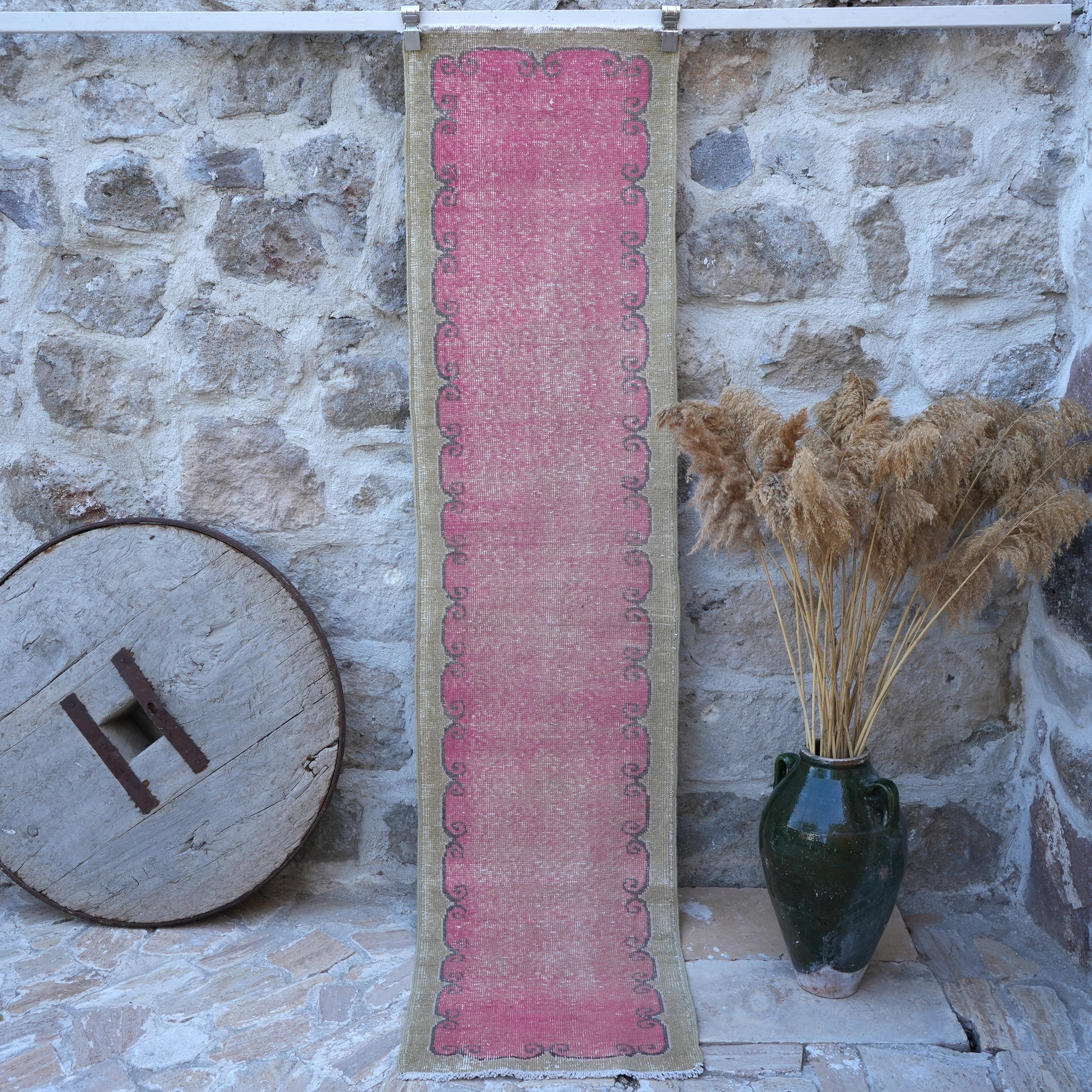Pink 2' x 8' vintage runner rug with traditional design, handmade in Turkey – Evey.