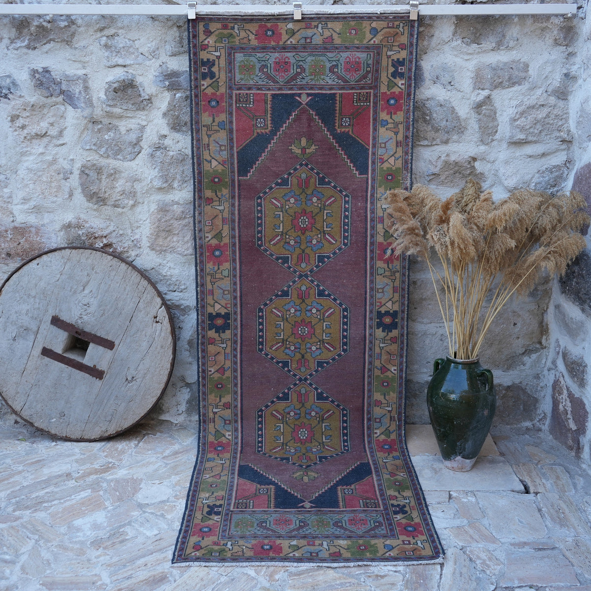 Colorful 3' x 10' vintage runner rug with traditional design, handmade in Turkey – Jorry.