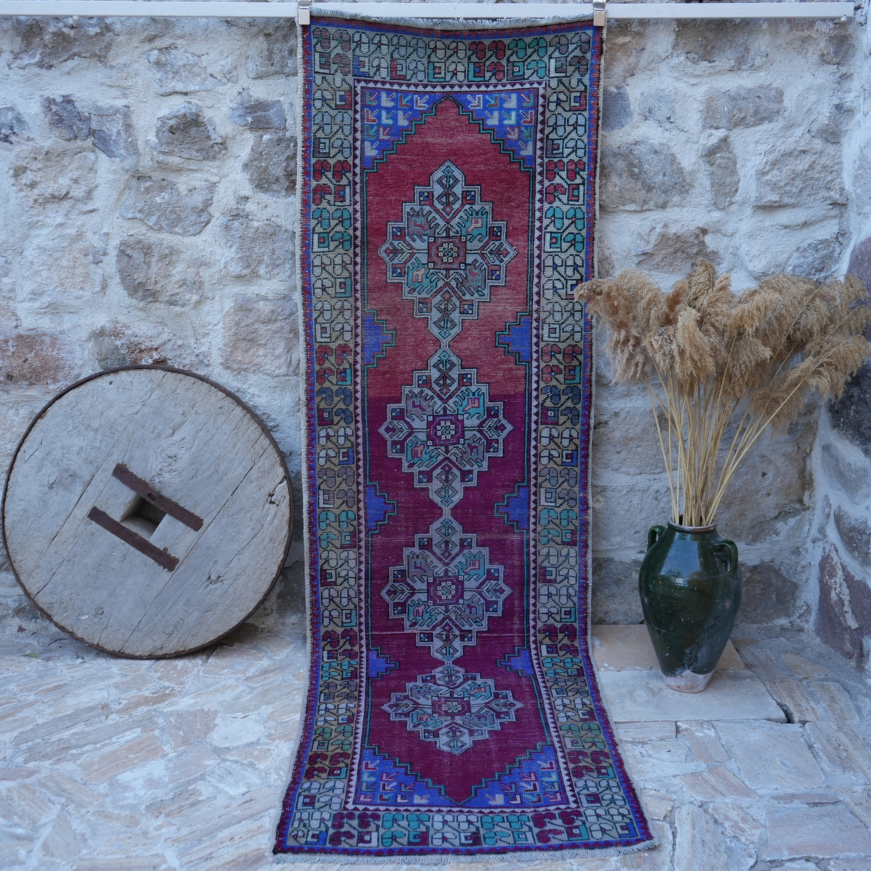 Red 3' x 10' vintage runner rug with traditional design, handmade in Turkey – Elsi.