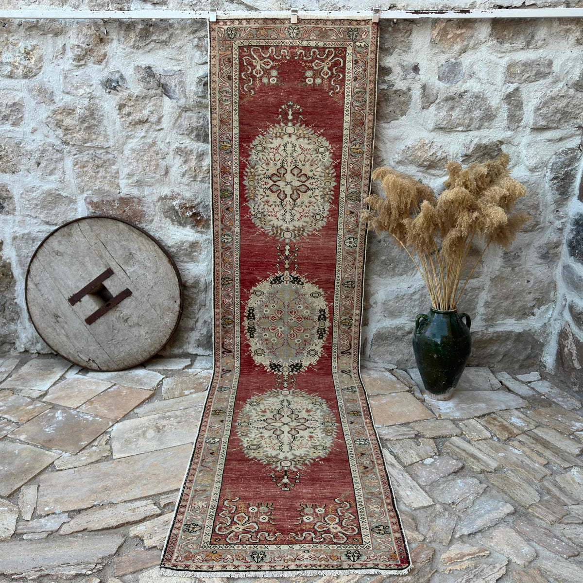 Red 3' x 12' vintage runner rug with traditional design, handmade in Turkey – Jaxson.
