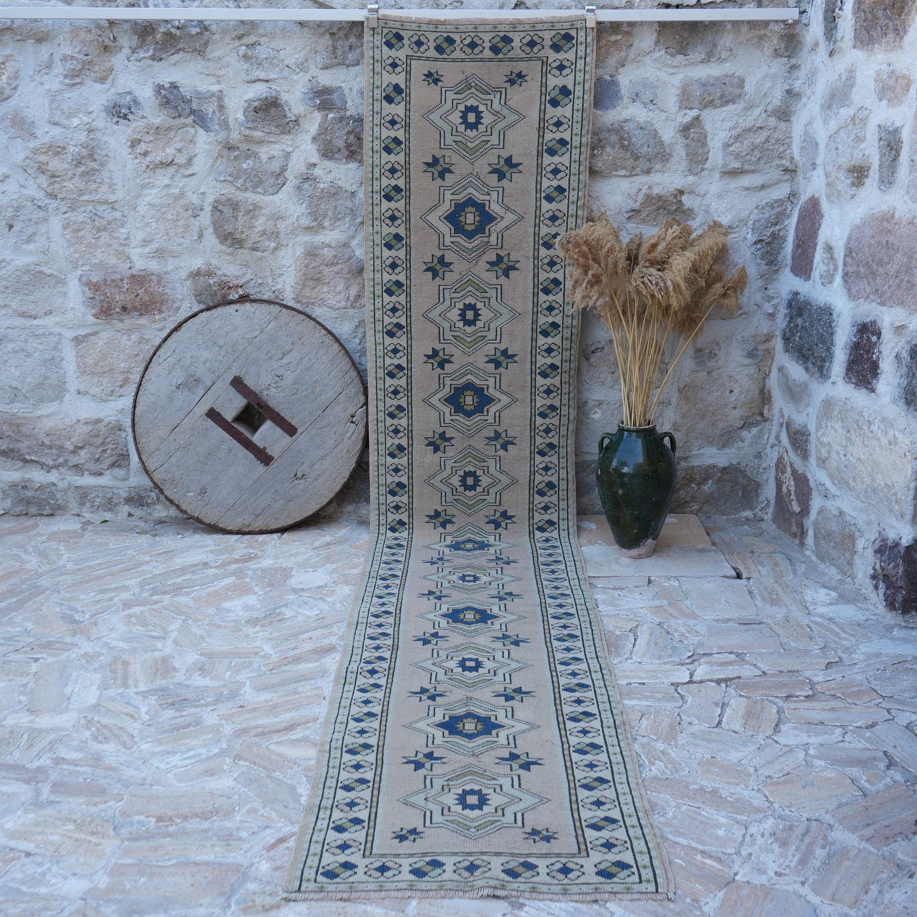 Pale Pink 3' x 14' vintage runner rug with traditional design, handmade in Turkey – Riva.