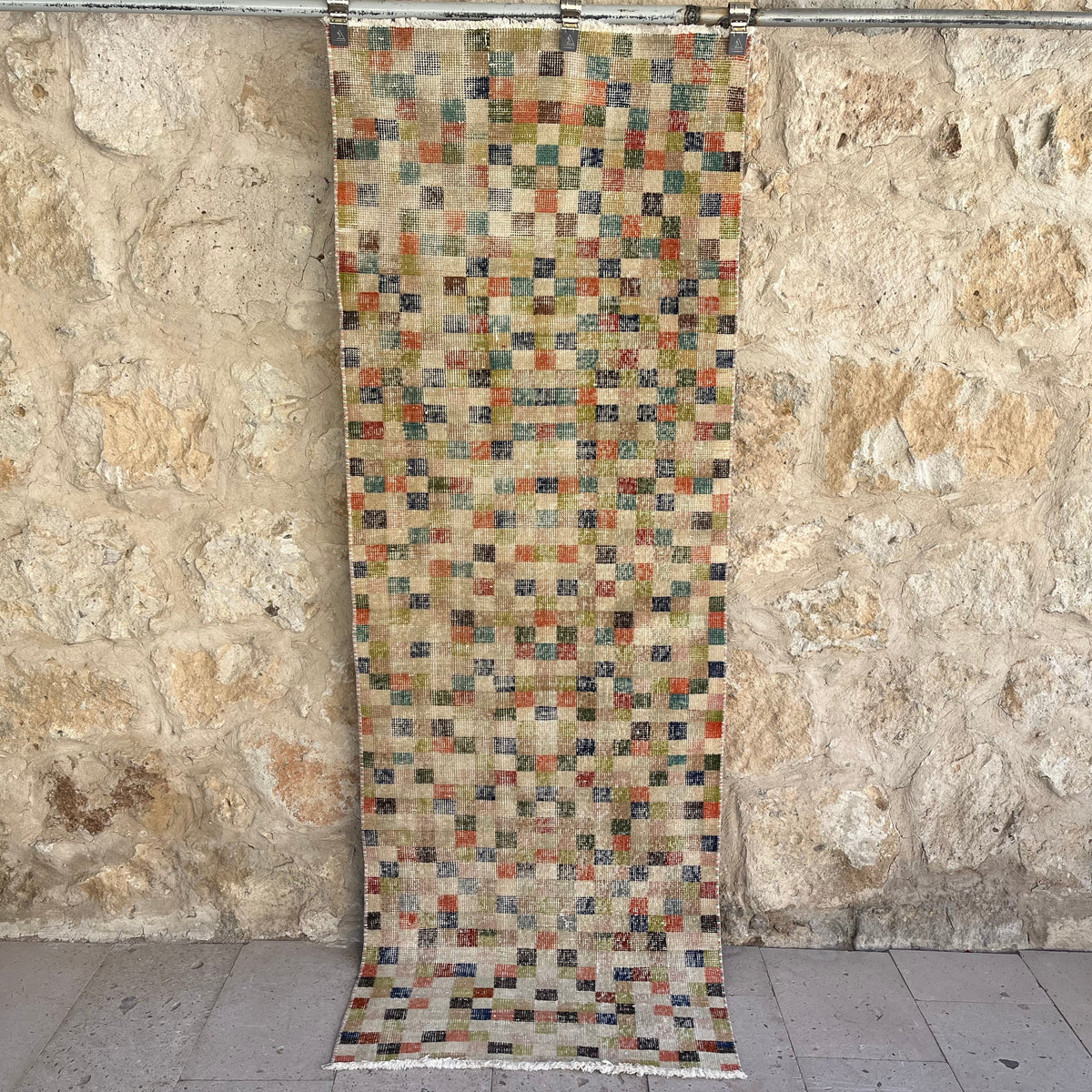 Beige 3' x 7' vintage runner rug with traditional design, handmade in Turkey – Pell.