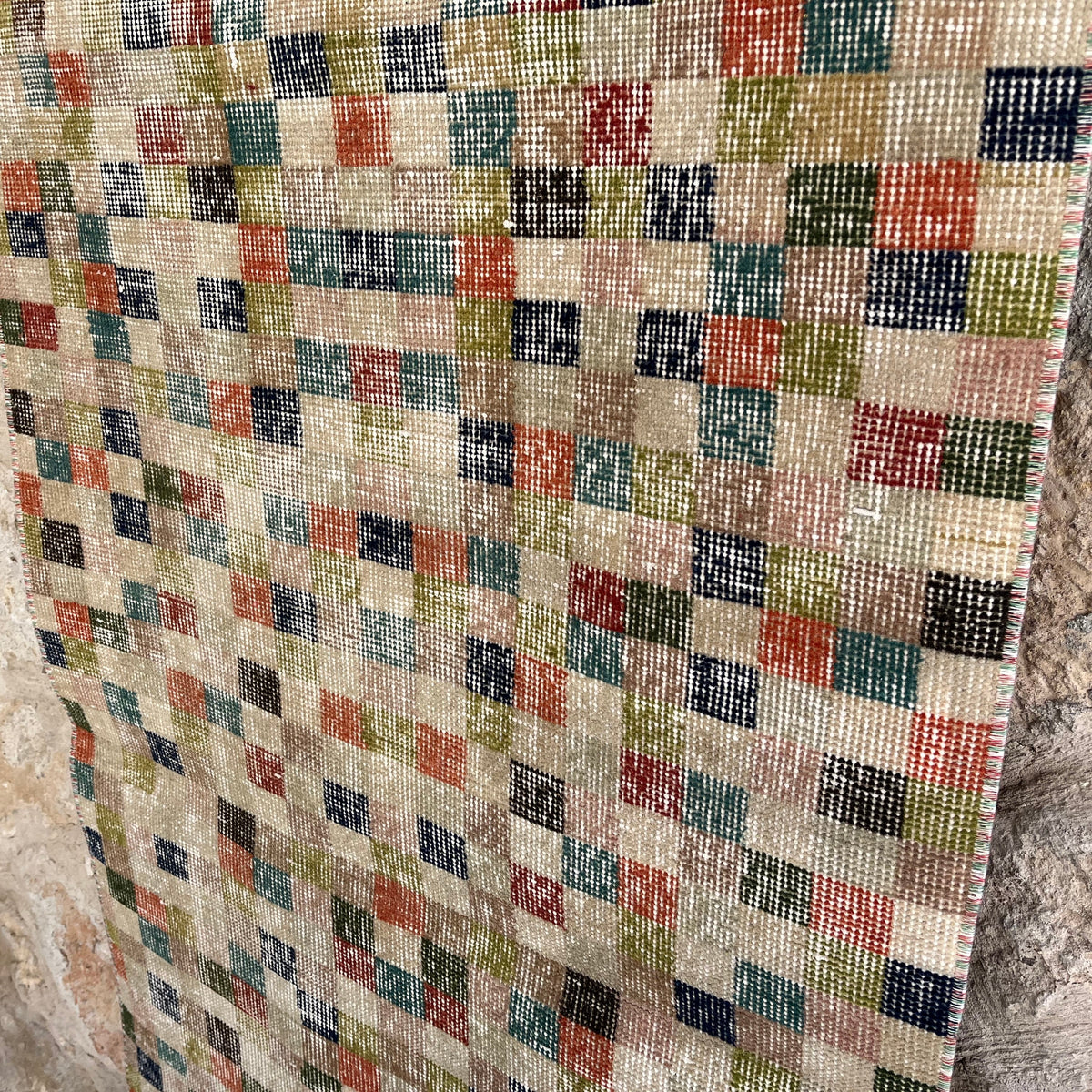 1970s beige vintage Turkish runner rug with traditional design, hand-knotted weave and low pile.