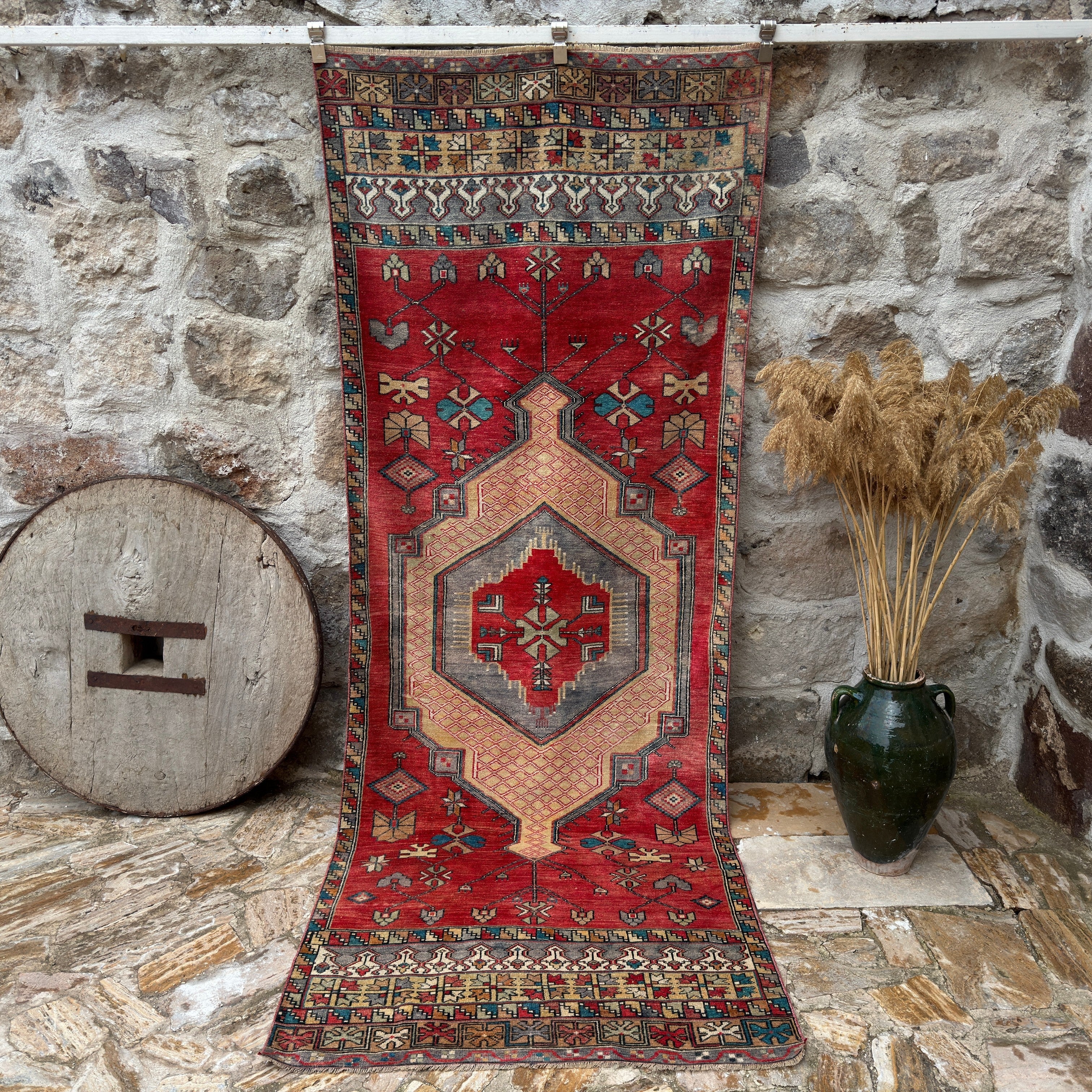 Red 4' x 10' vintage runner rug with traditional design, handmade in Turkey – Crystie.