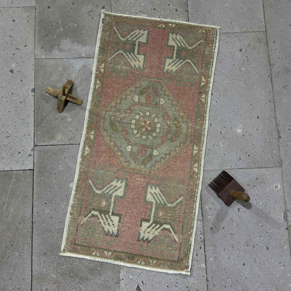 Red 2' x 3' vintage small rug with traditional design, handmade in Turkey – Diann.