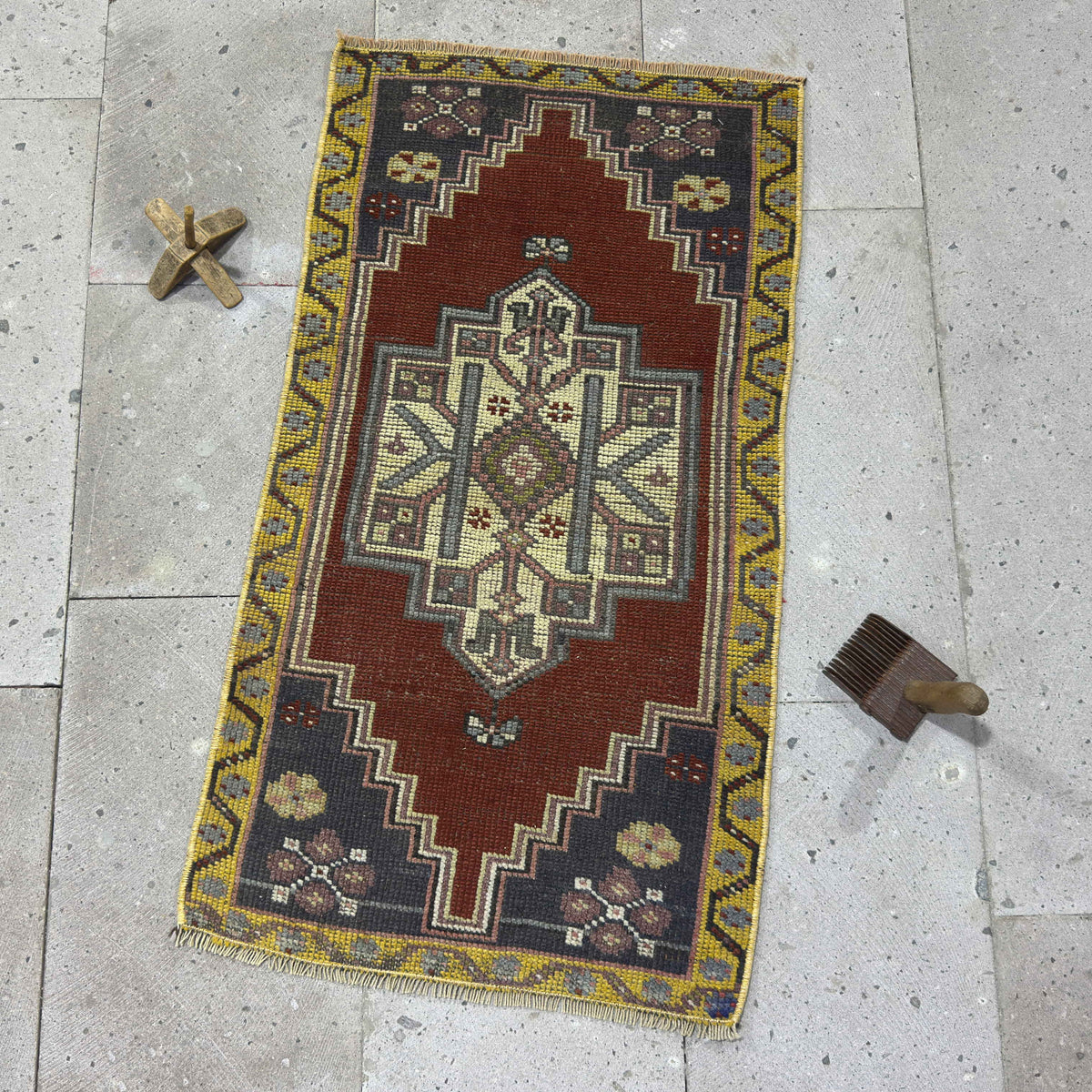 Red 2' x 3' vintage small rug with traditional design, handmade in Turkey – Moira.