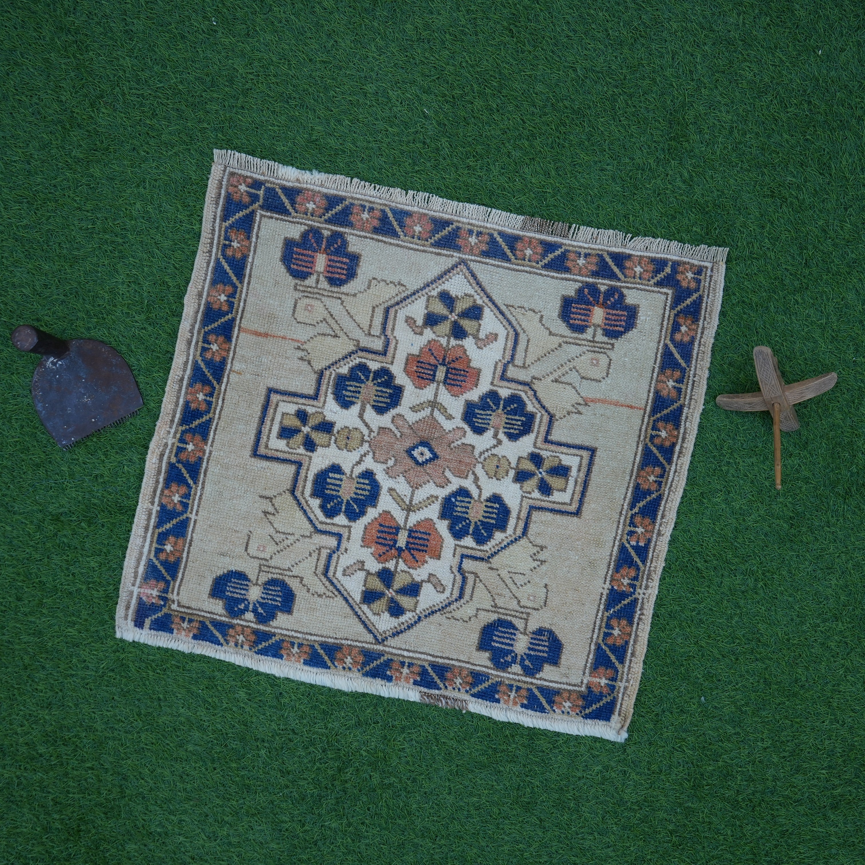 Blue 2' x 2' vintage square rug with traditional design, handmade in Turkey – Kaelan.