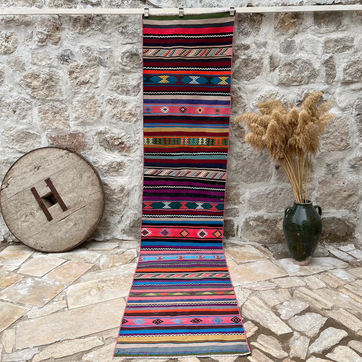 Pink 3' x 11' vintage striped runner rug with striped design, handmade in Turkey – Blaine.