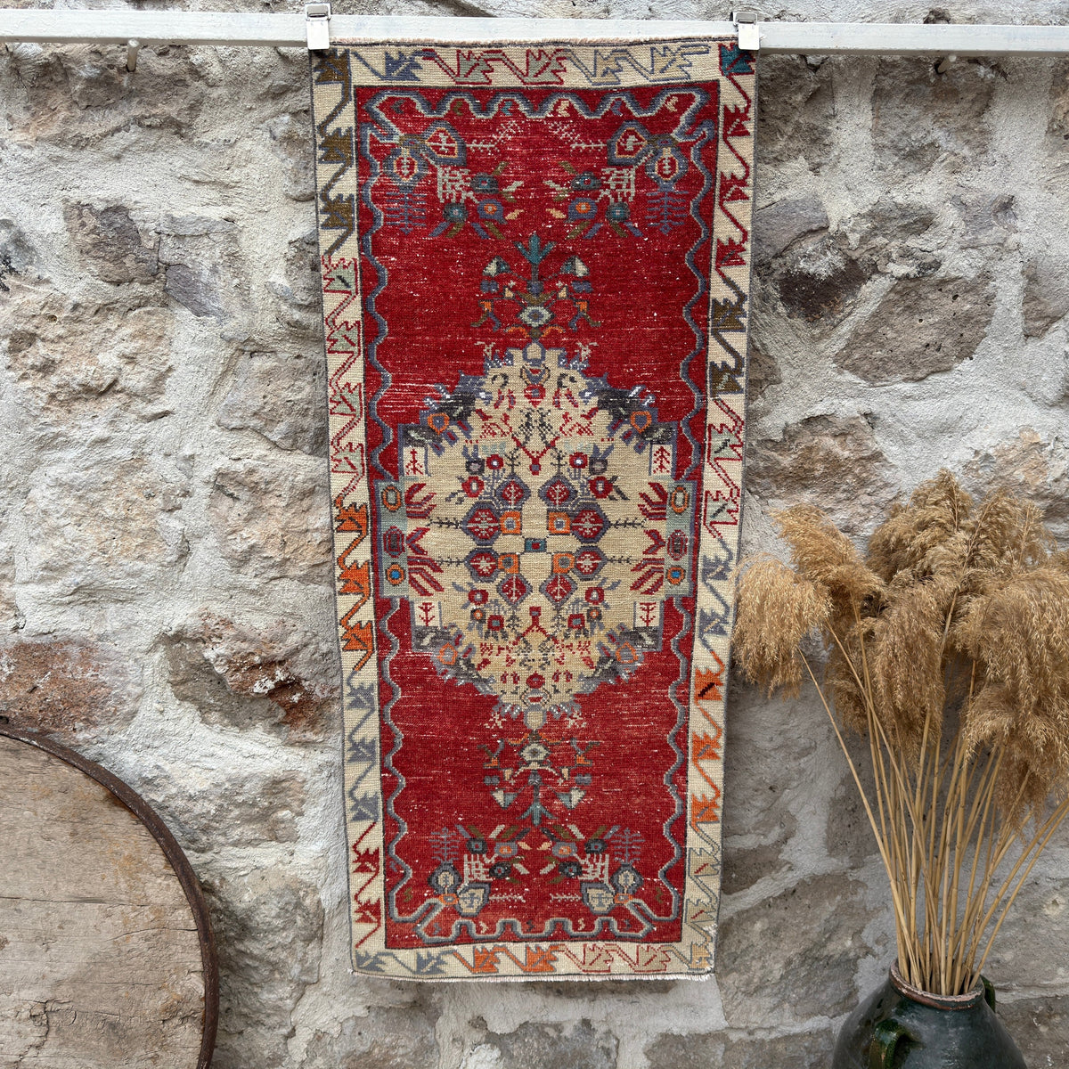 Red 2' x 5' vintage traditional rug with traditional design, handmade in Turkey – Hulda.