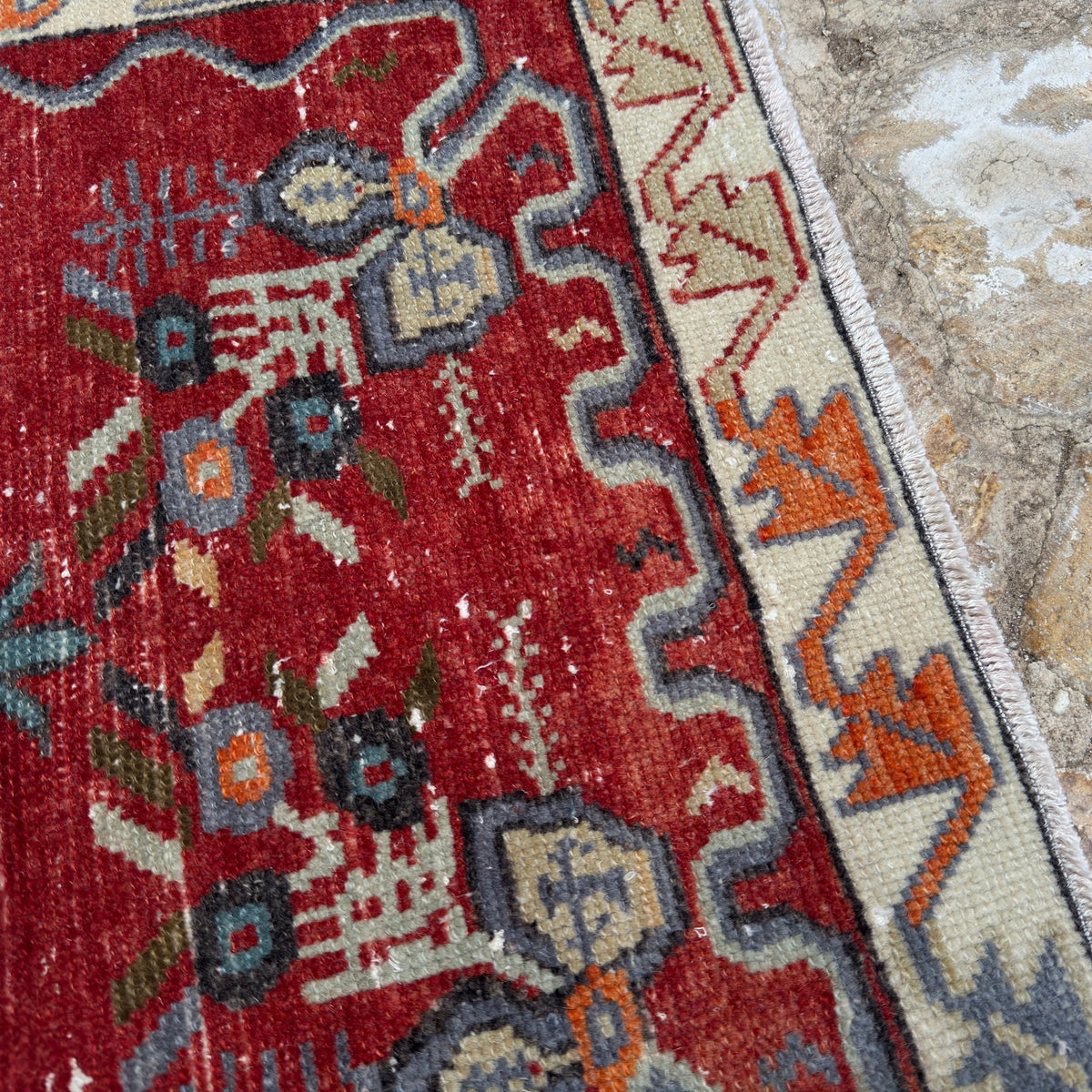 1970s red vintage Turkish traditional rug with traditional design, hand-knotted weave and low pile.