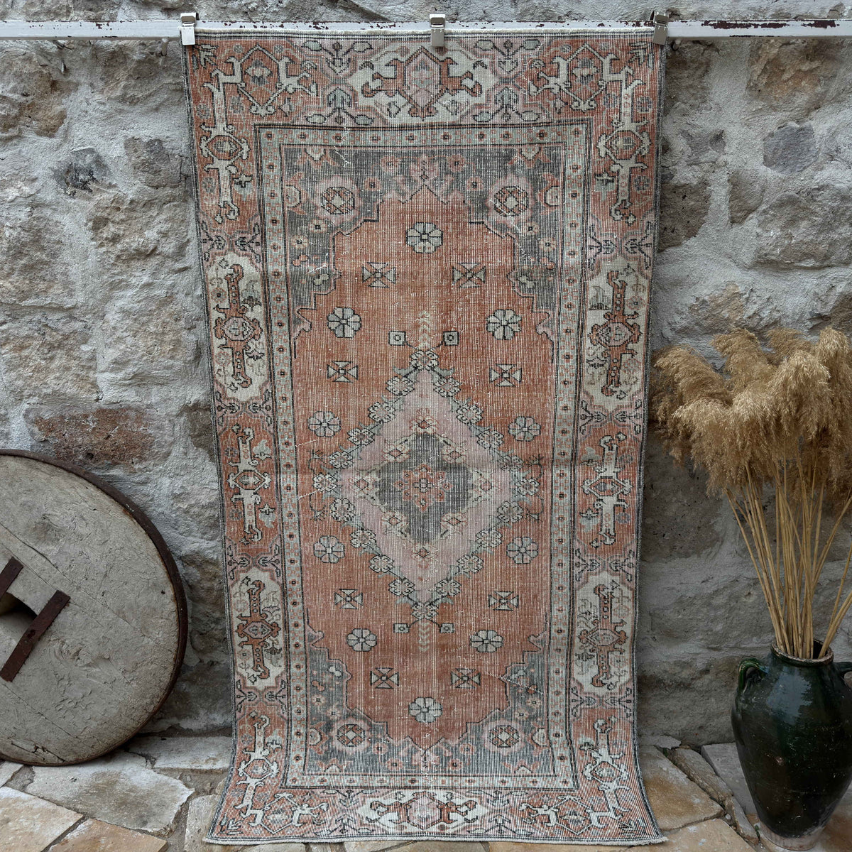 Pale Orange 4' x 7' vintage traditional rug with medallion design, handmade in Turkey – Emory.
