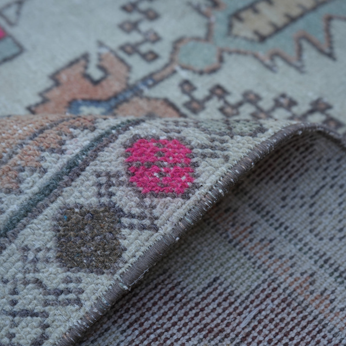 Additional view of the orange vintage Turkish traditional rug, hand-knotted in wool and cotton.