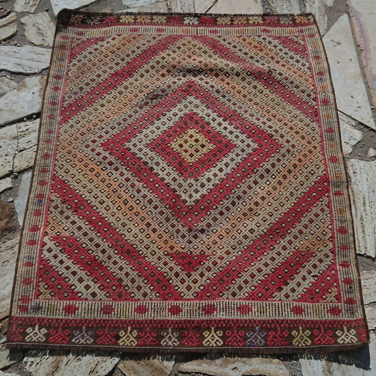 Brown 3' x 4' vintage tribal kilim rug with geometric design, handmade in Turkey – Williams.