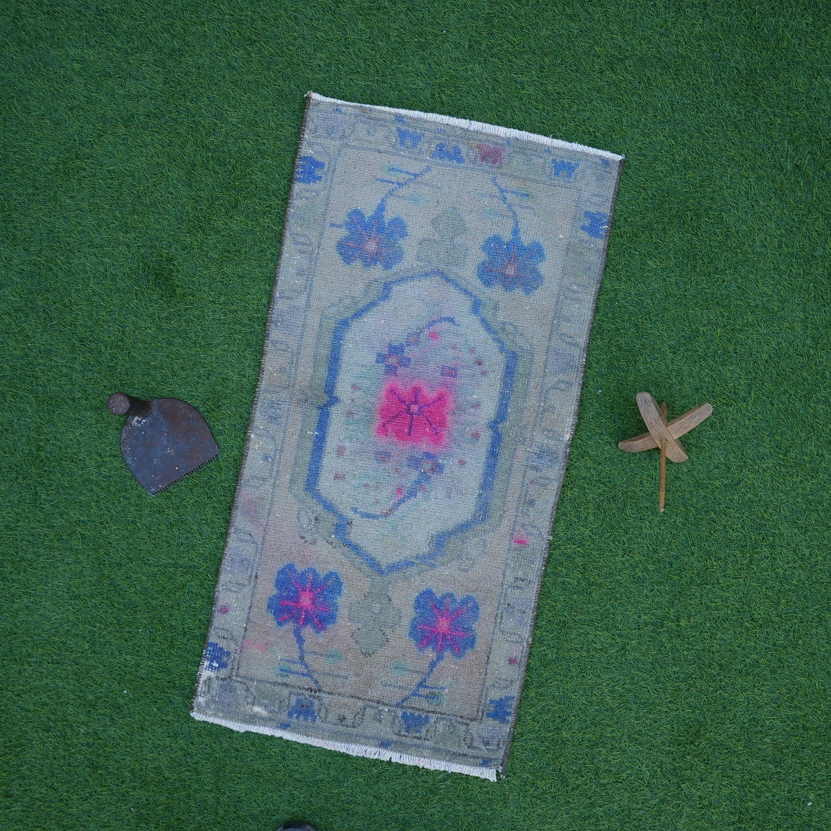 Beige 1' x 3' vintage turkish rug with traditional design, handmade in Turkey – Clyde.