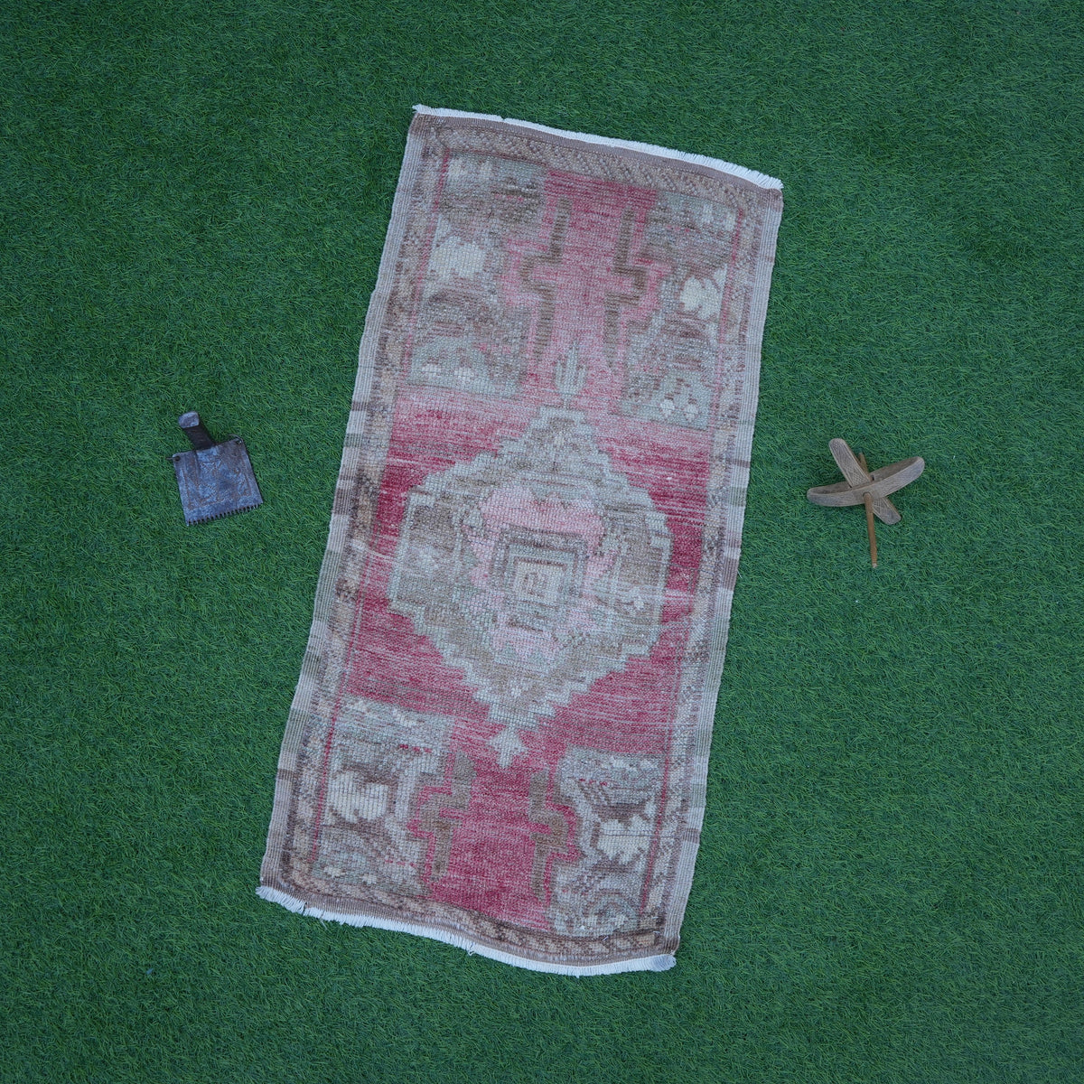 Pale Red 1' x 3' vintage turkish rug with geometric design, handmade in Turkey – Abby.
