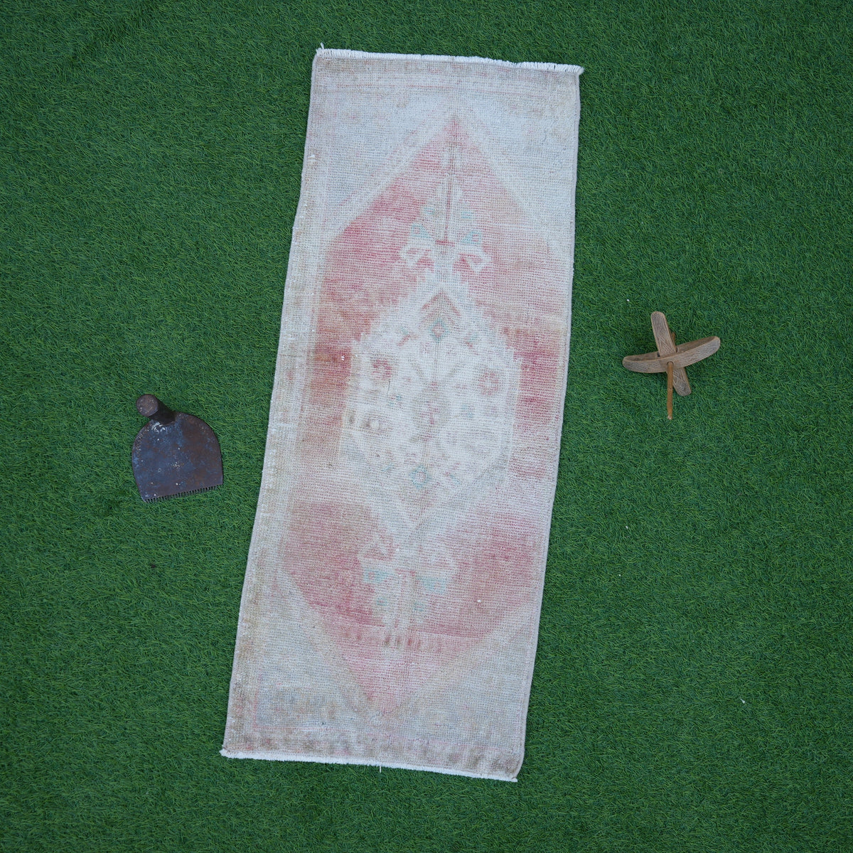 Pale Red 1' x 3' vintage turkish rug with neutral design, handmade in Turkey – Churchill.