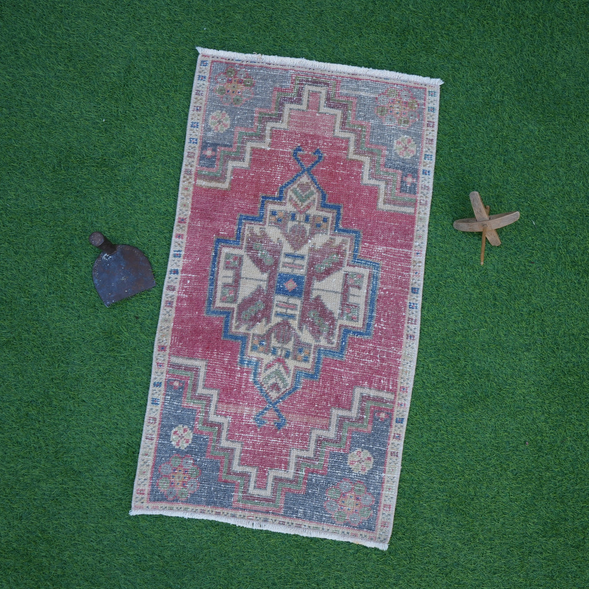 Red 1' x 3' vintage turkish rug with traditional design, handmade in Turkey – Hammett.