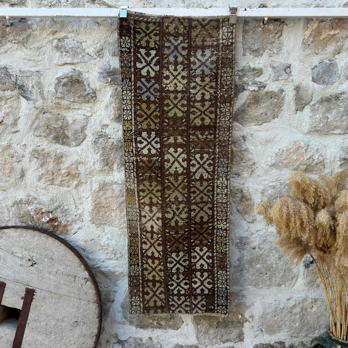 Brown 2' x 5' vintage turkish rug with patchwork design, handmade in Turkey – Daxton.