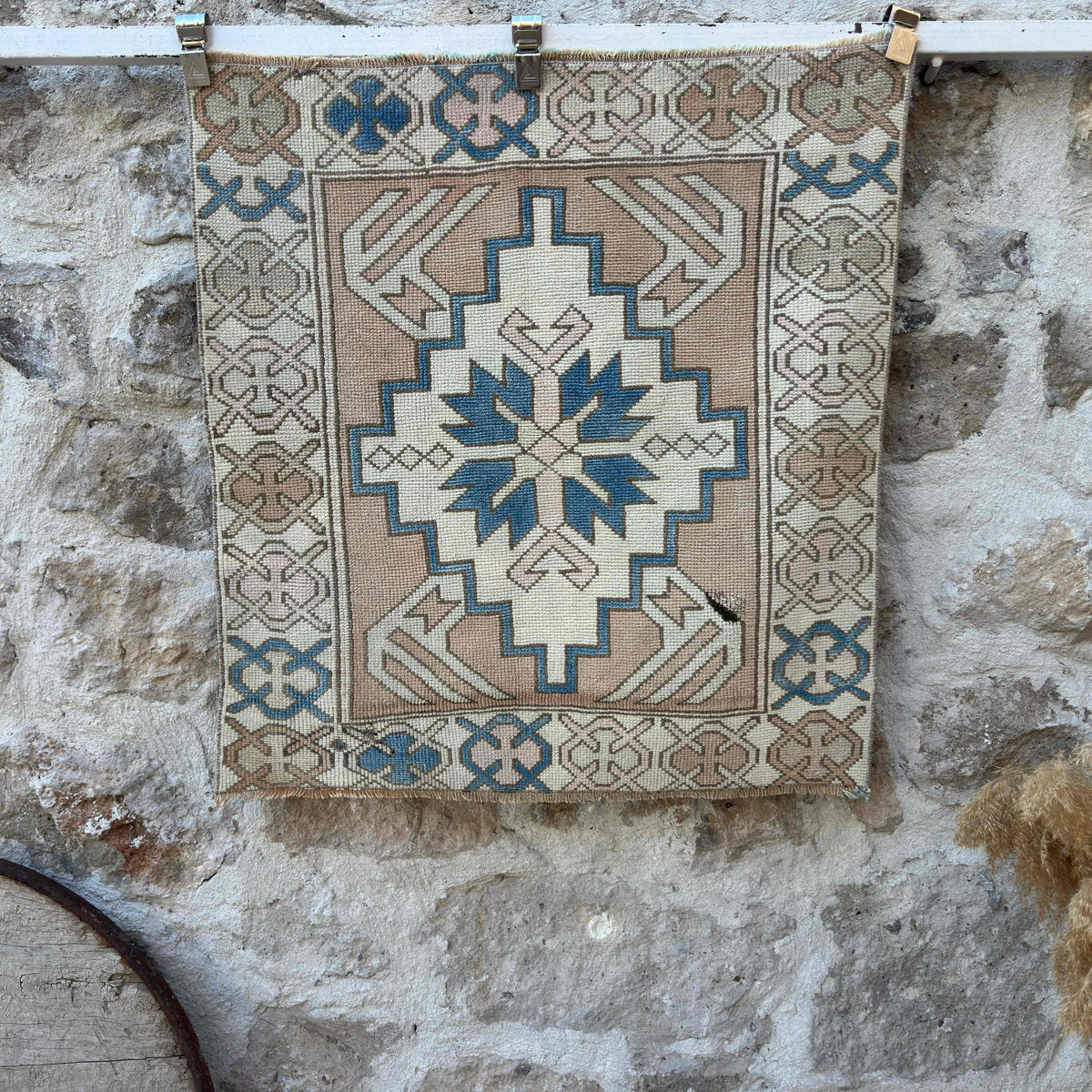 Blue 3' x 3' vintage turkish rug with traditional design, handmade in Turkey – Idris.