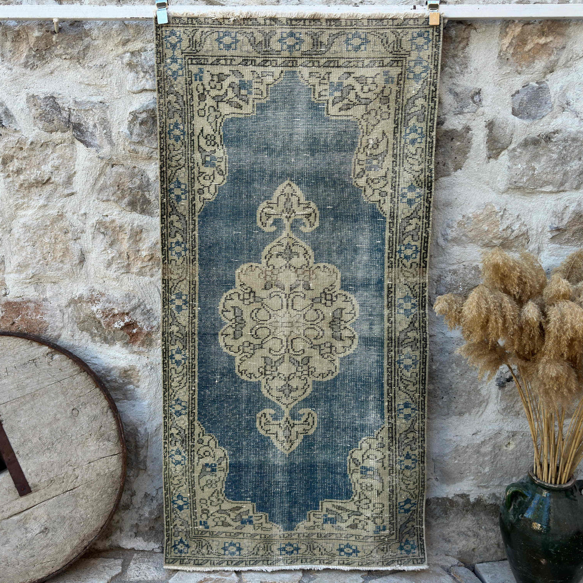 Blue 3' x 6' vintage turkish rug with geometric design, handmade in Turkey – Caiden.
