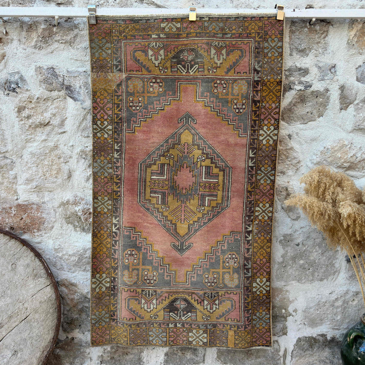 Red 3' x 6' vintage turkish rug with geometric design, handmade in Turkey – Yardley.