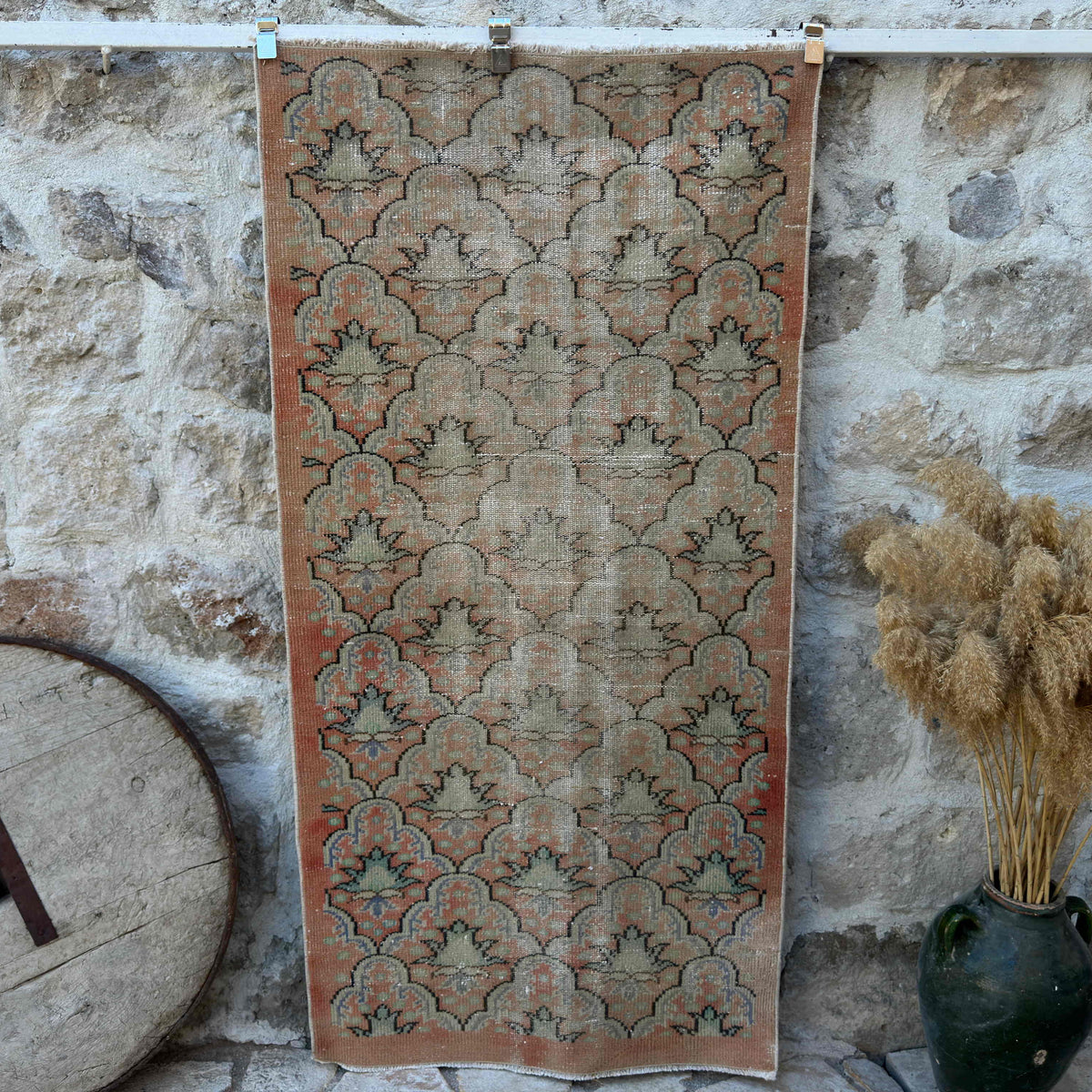 Pale Orange 3' x 7' vintage turkish rug with geometric design, handmade in Turkey – Bethany.