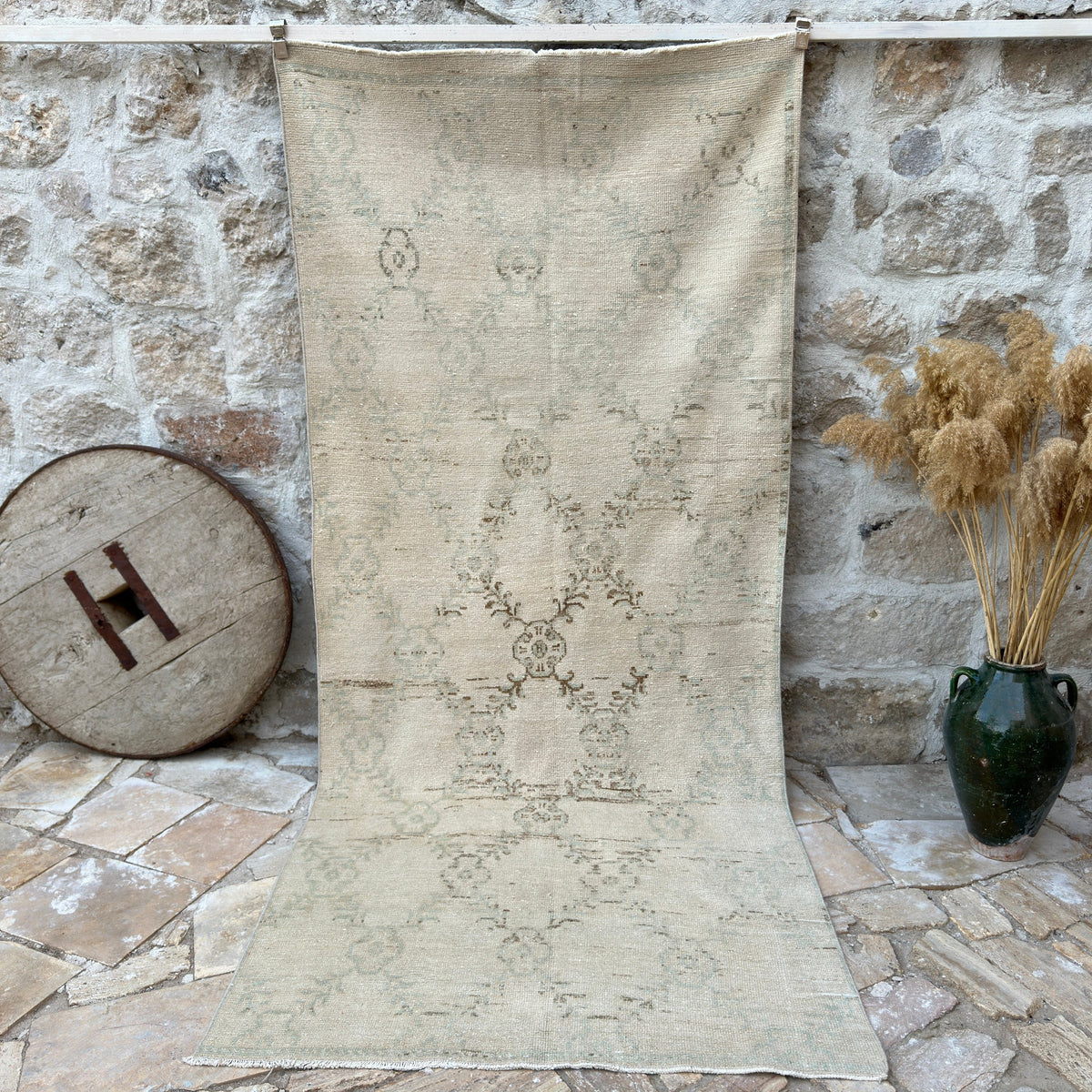 Beige 4' x 10' vintage turkish rug with geometric design, handmade in Turkey – Helena.