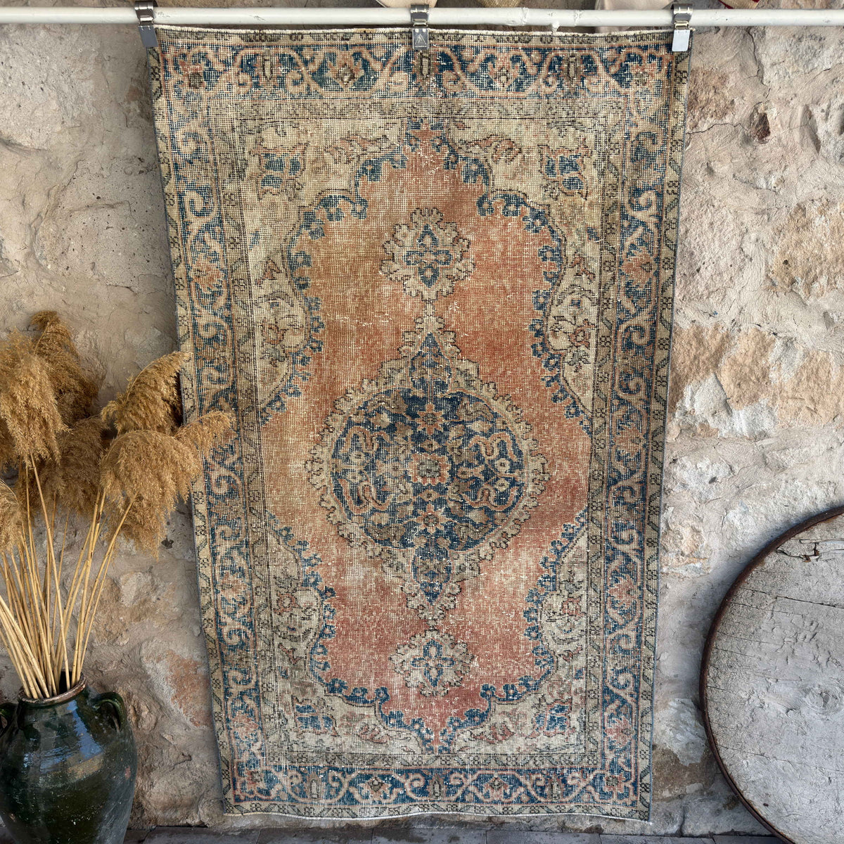 Orange 4' x 6' vintage turkish rug with medallion design, handmade in Turkey – Murphy.