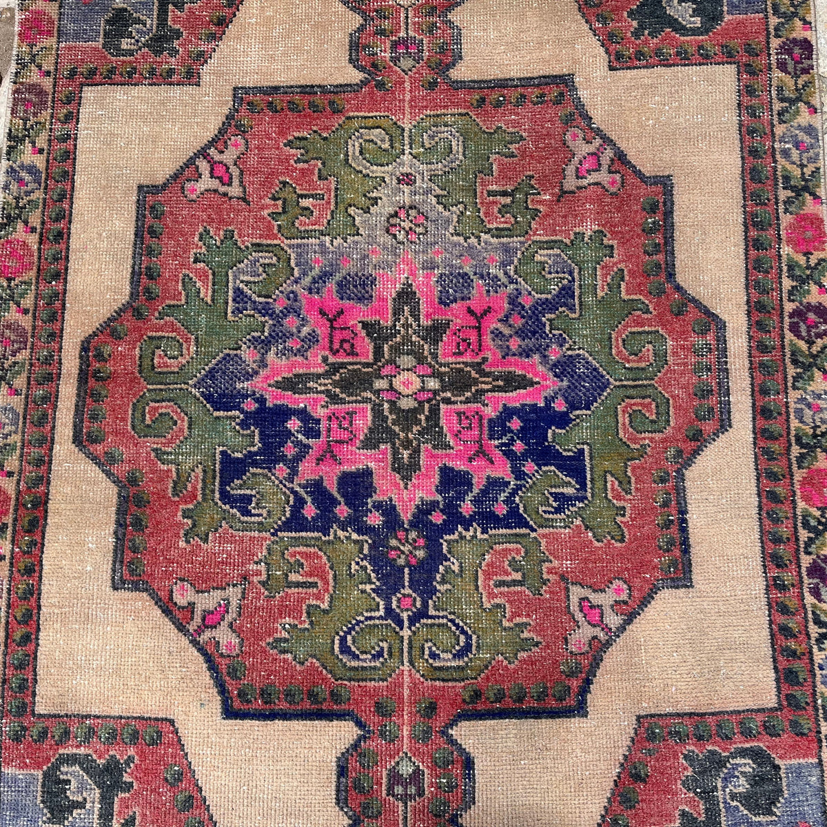 1970s blue vintage turkish rug with traditional design, hand-knotted weave and low pile.