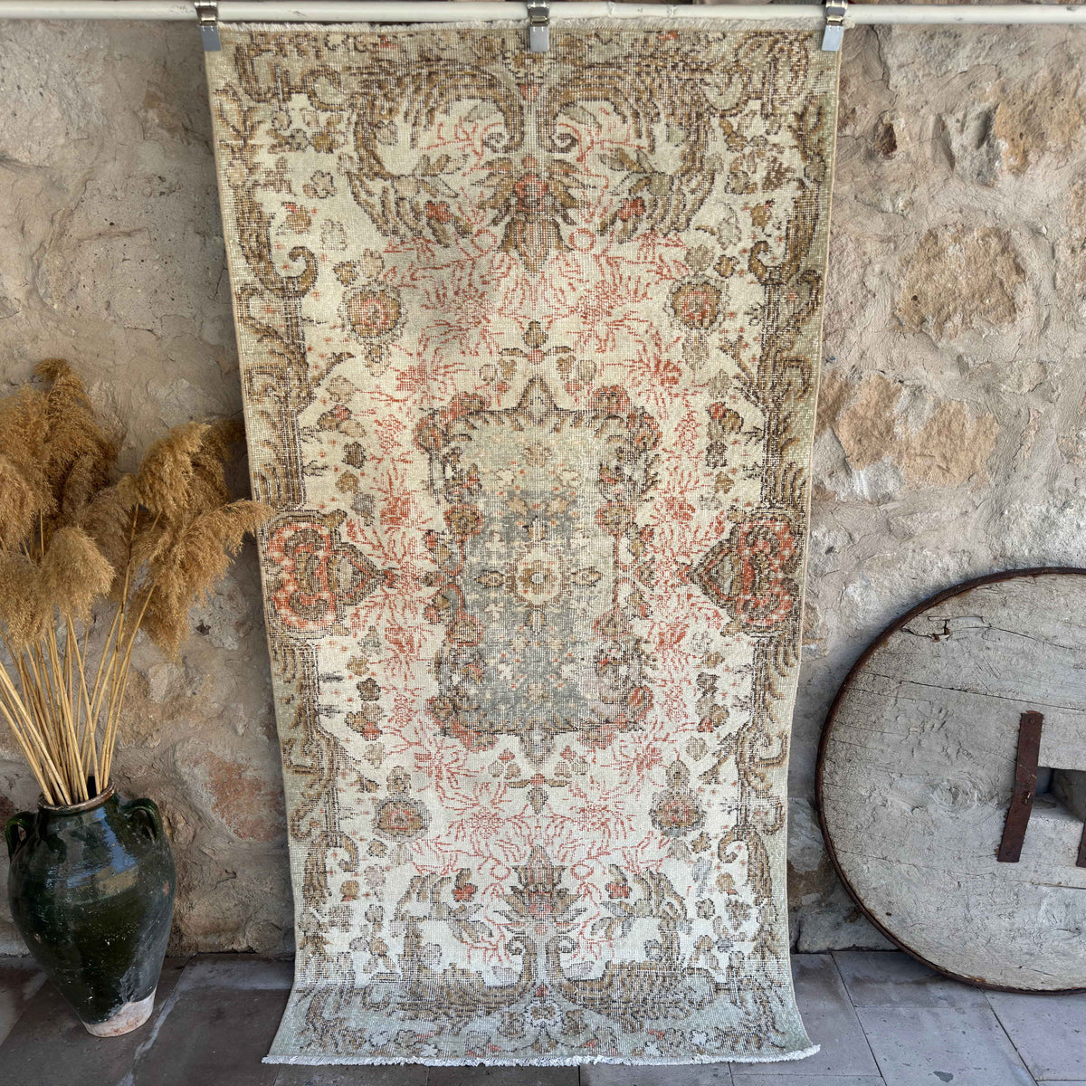 Green 4' x 7' vintage turkish rug with traditional design, handmade in Turkey – Carlyle.