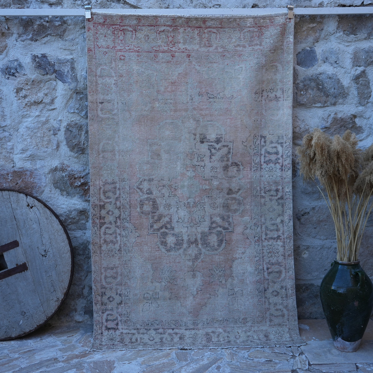 Pale Orange 4' x 7' vintage turkish rug with neutral design, handmade in Turkey – Riki.