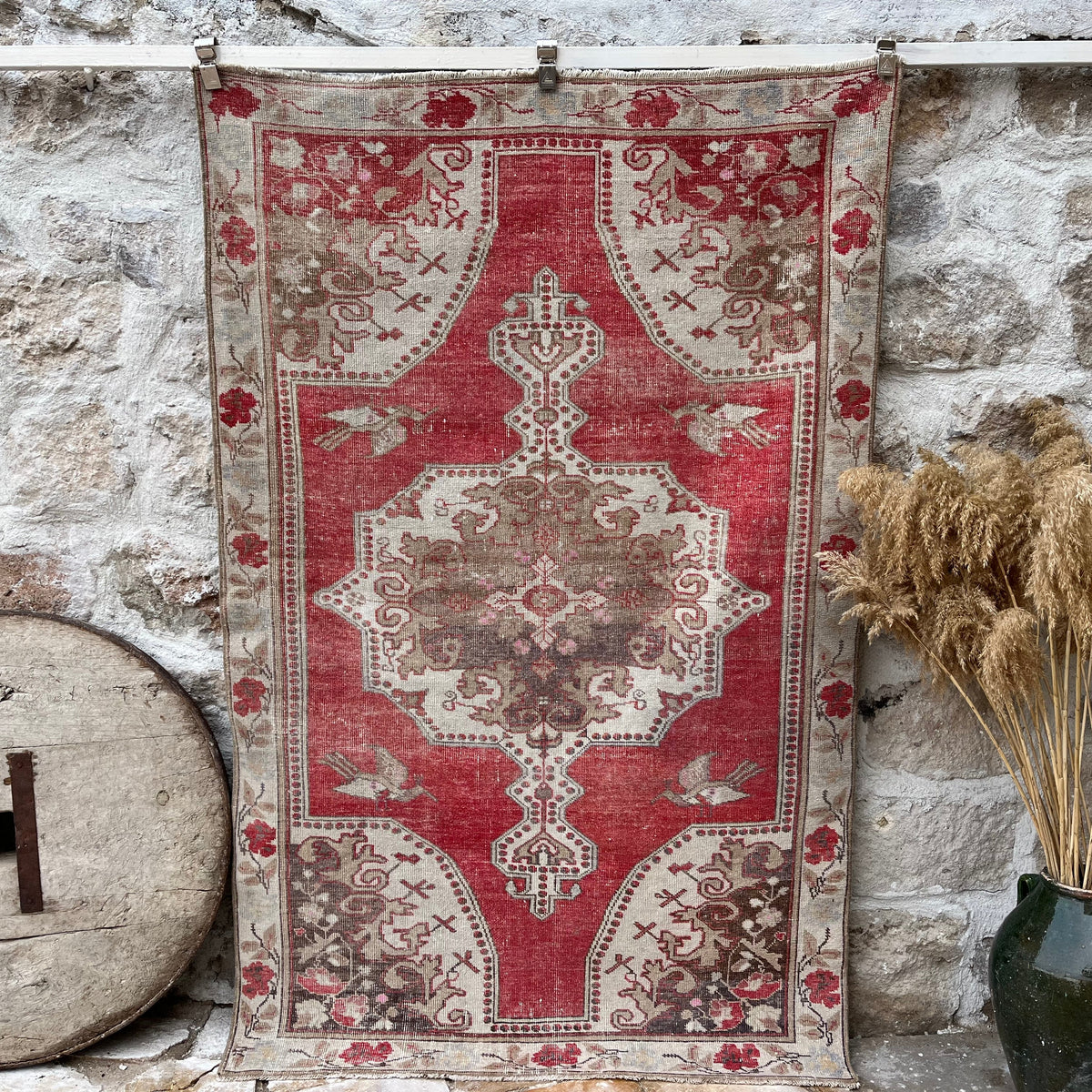 Red 4' x 7' vintage turkish rug with traditional design, handmade in Turkey – Kamil.